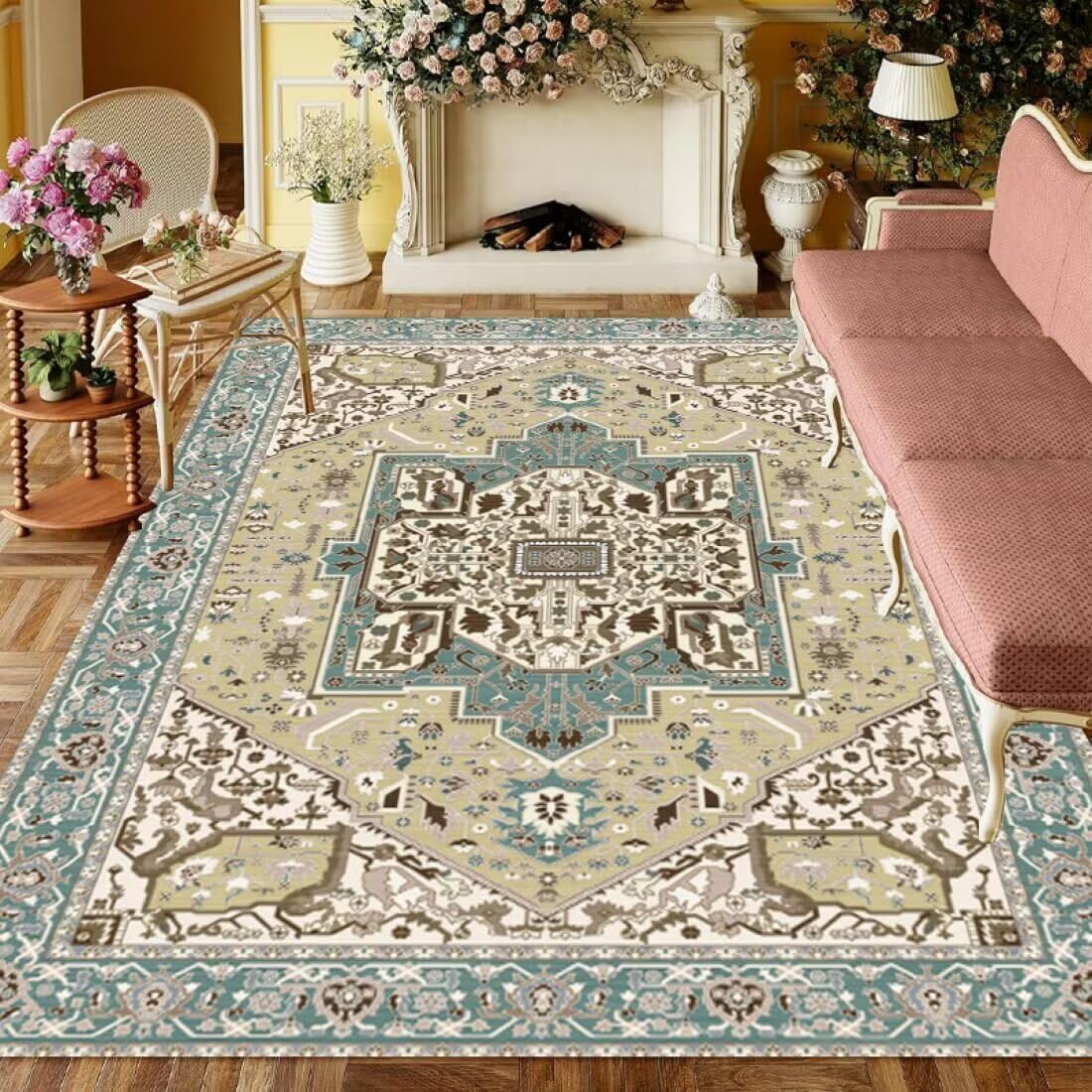 Tapis extérieur bleu clair floral idéal pour salon de jardin