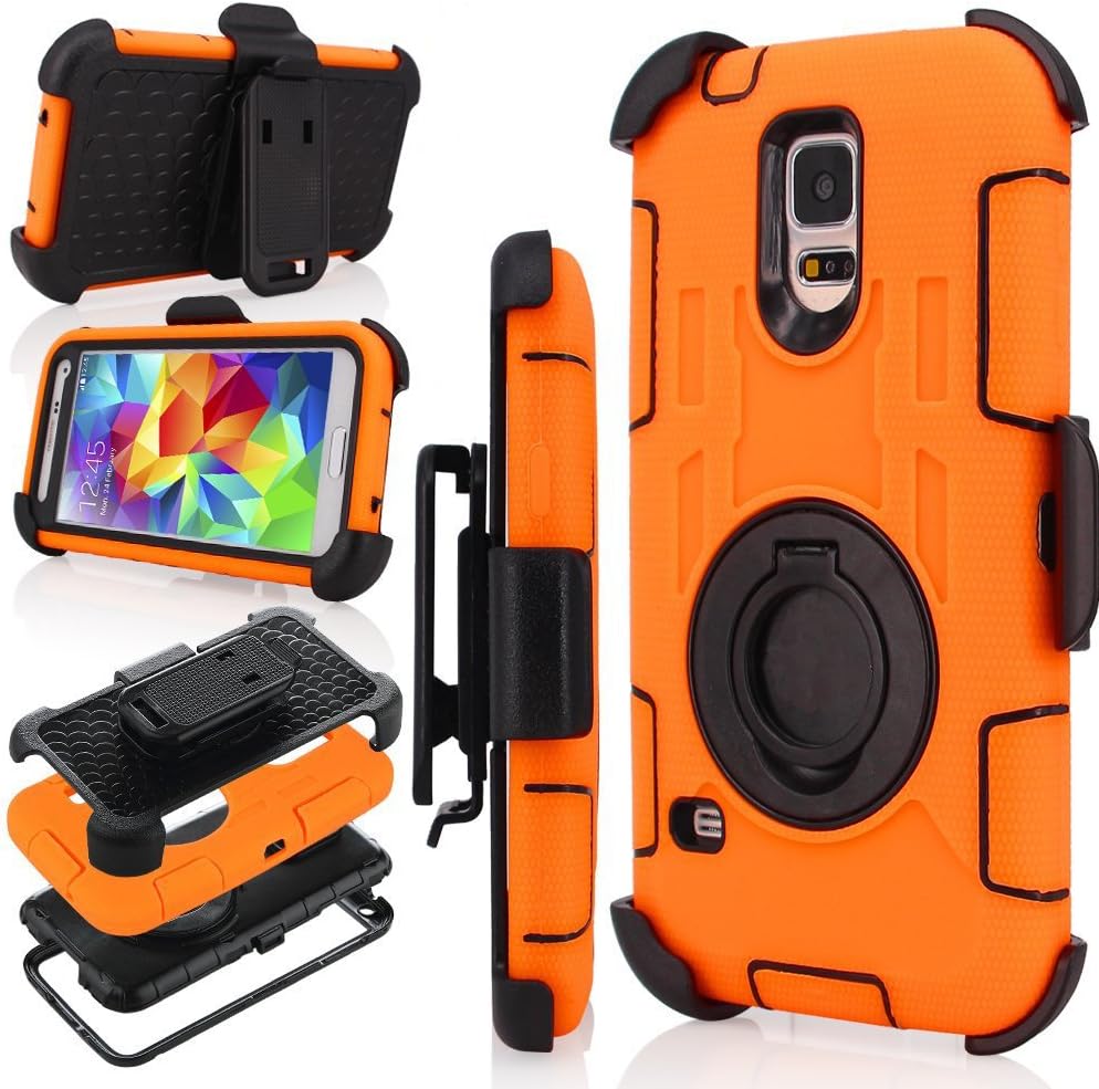 J.west S5 Case, Galaxy S5 Holster case, Hybrid Dual Layer Combo Armor Defender Protective Case with Kickstand + Belt Clip Holster for Samsung Galaxy S5 - Orange