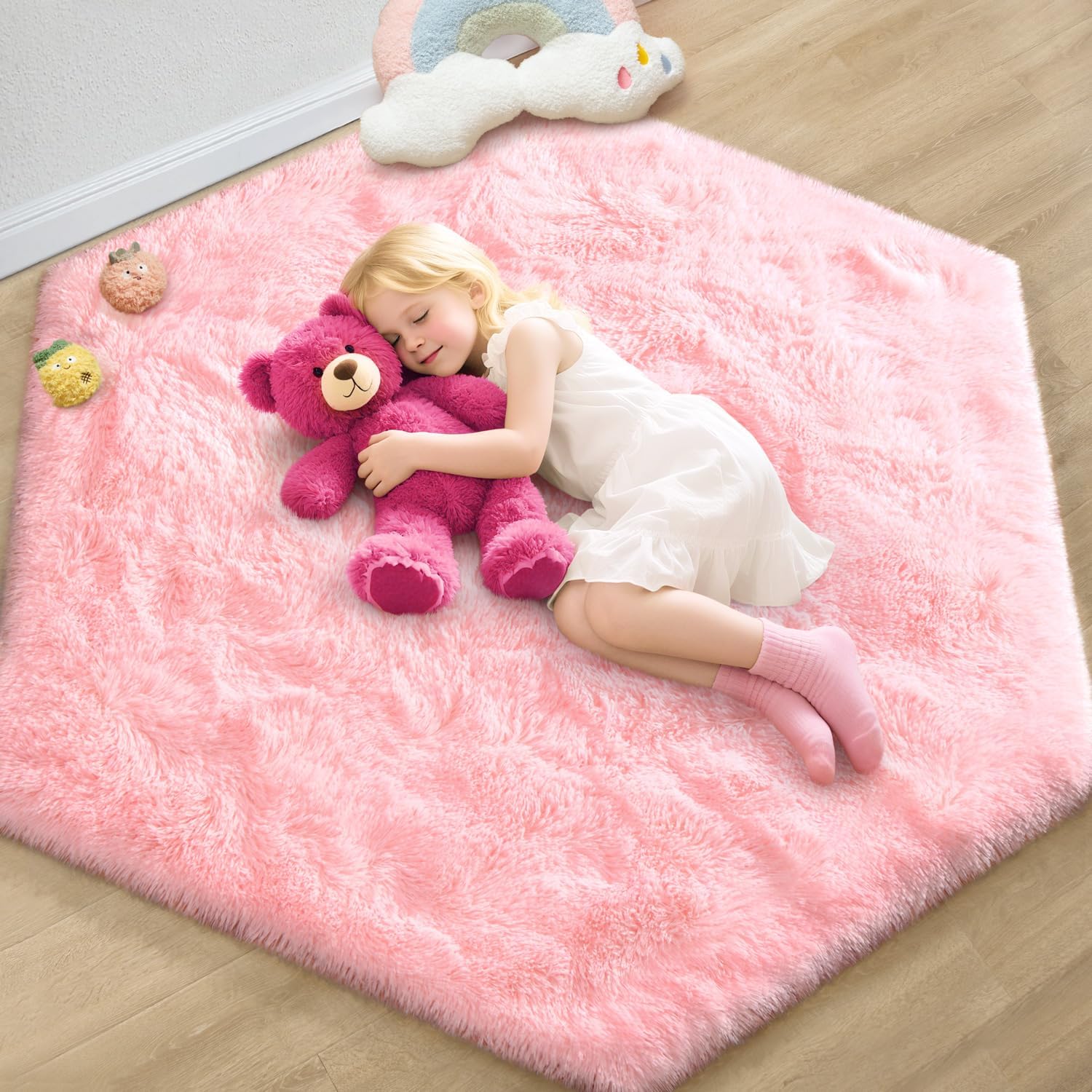 Frozen Princess Tent Rug, 4x4.6Ft Hexagon Fluffy Area Rug for Girls Room, Shag Plush Soft Carpet for Play Tent, Cute Frozen Mat for Princess Room Decor