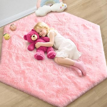 Pink Hexagon Rug for Princess Tent, 4x4.6Ft Fluffy Area Rug for Girls Room, Shag Plush Soft Carpet for Play Tent, Cute Mat for Princess Room Decor