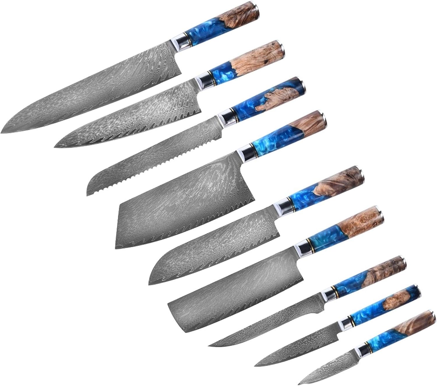 Kitchen Knives-Set Damascus Steel 67 Layers VG10 Chef Knife Blue Resin And Color Wood Handle Cooking Tool(9 piece set)