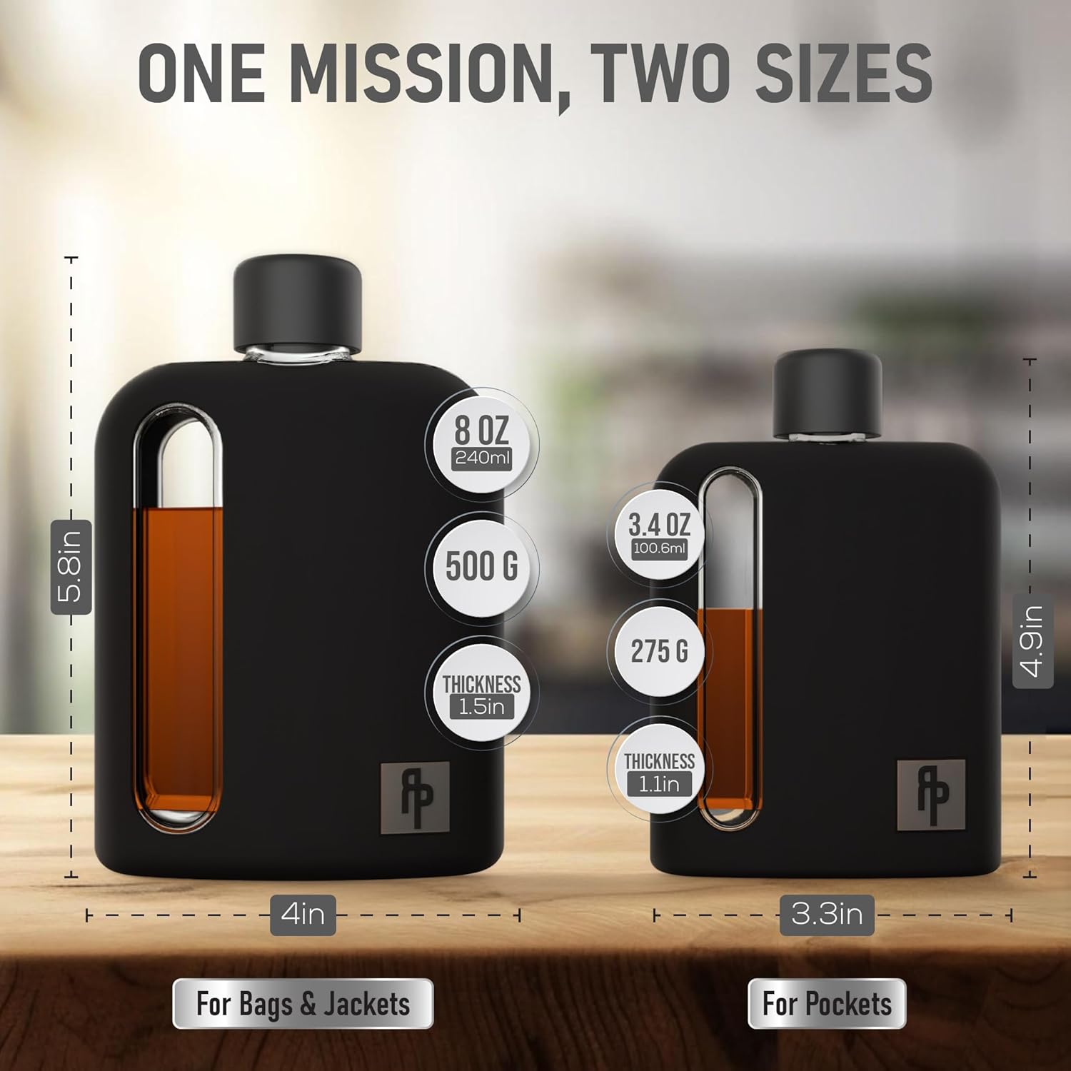 Ragproper Glass Hip Flask for Men – Modern Whiskey & Liquor Flask with Cork & Silicone Lid Liners, Durable Silicone Covered Double Shot Flask Bottle (8oz, 240ml, Black)