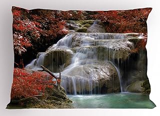 Ambesonne Waterfall Pillow Sham Set of 2, Waterfalls Flows Through Giant Rocks Surrounded by Fall Trees, Quality Microfiber Bedding Item for All Seasons, 36