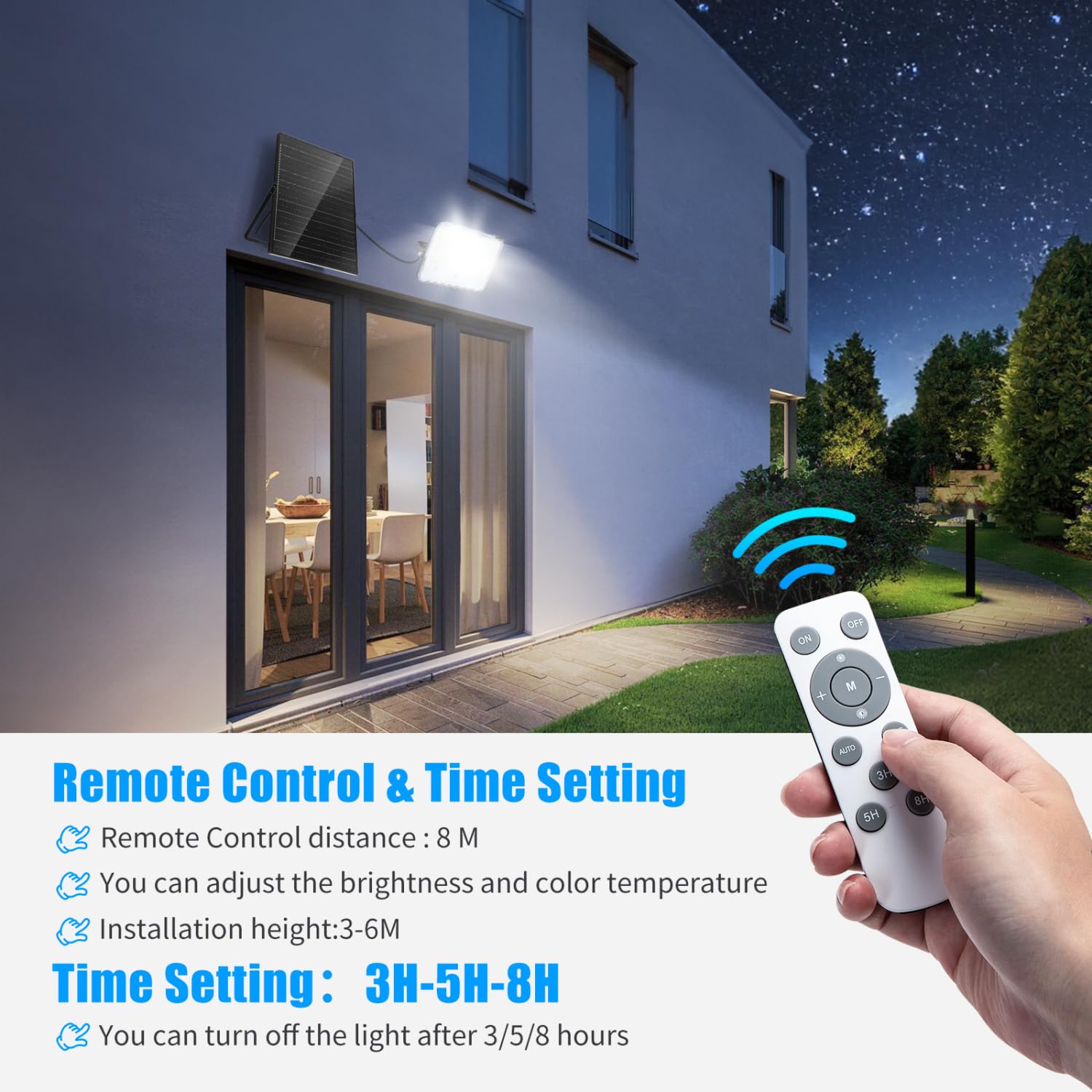 Aigostar Foco proyector LED solar con mando a distancia，2 Piezas，16000mAH，gran panel solar y batería de gran capacidad，regulable 3000/4000/6500K，IP66，cable 2m，Luz solar para exterior y jardín，patio