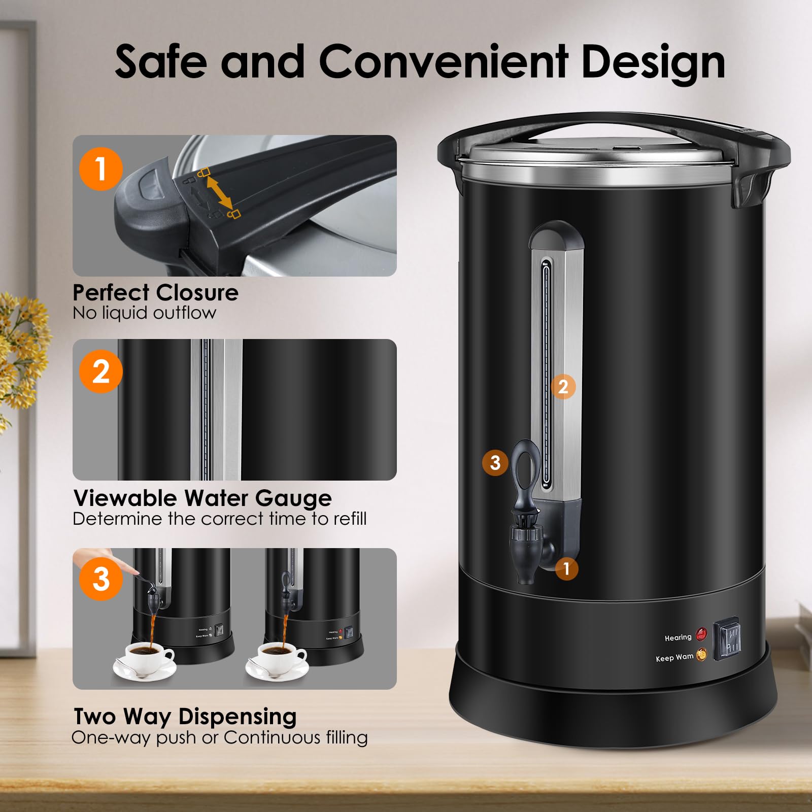 Homtone Cafetera con filtro redondo, 120 tazas/18L, cafetera grande de acero inoxidable de doble pared con grifo, ideal para fiestas, dispensador de agua caliente para café y té, 1500 W (Negro)