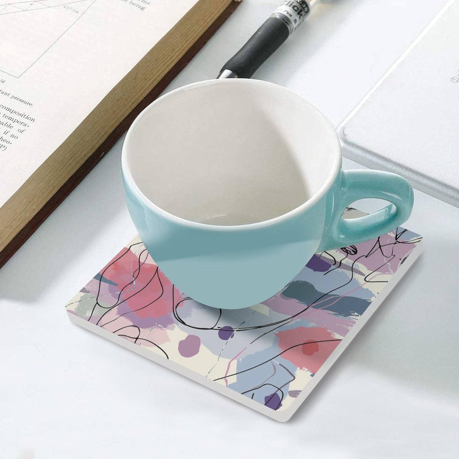 6 posavasos cuadrados de cerámica para bebidas, dibujados a mano, posavasos impresos para el hogar y el café, regalos de cumpleaños, adecuados para tipos de tazas