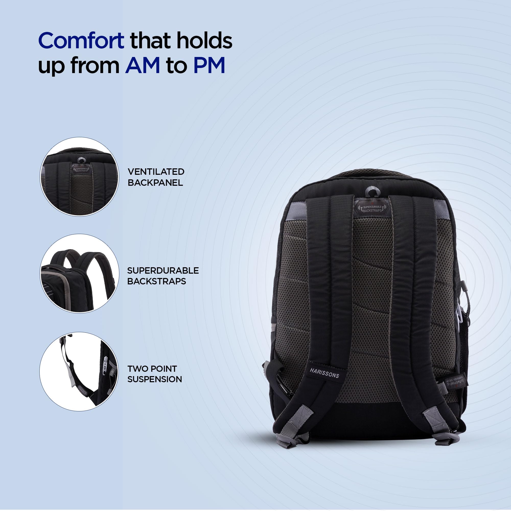 HARISSONS Takeoff Secondary School Backpack | 35L | 530g | Twill PU-Coated Polyester | Two-Point Suspension, Ventilated Back Panel, Secure Bottle Pocket | School, College & Daily Use 3