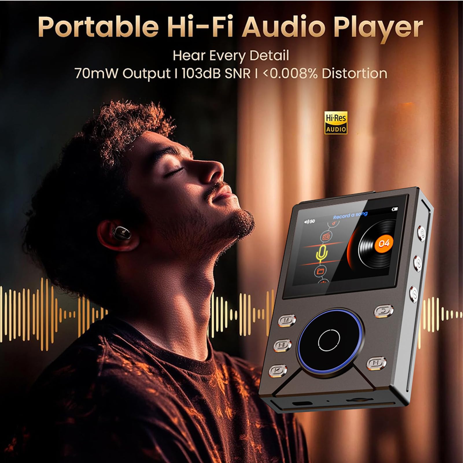 Tragbarer Audio-Player mit 2,4-Zoll-TFT-Display und ALPS-Rad, Verlustfreier HiFi-Musik-Player, Digitaler Sound- für Car Home Outdoor (metallisches Grau)