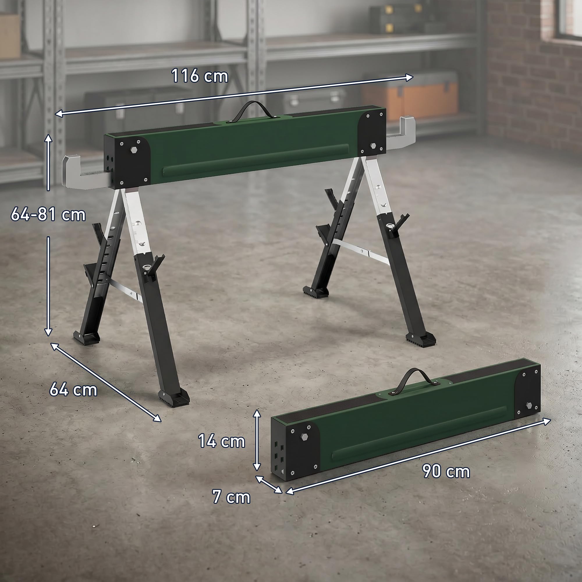 HOMCOM Lot de 2 Tréteaux Pliables en Métal, Charge Max. 1160 kg, Tréteaux Portables, Hauteur Réglable 64-81cm, Poignée de Transport, Support 2x6, pour Bricolage, Sciage, 116 x 64 x 81 cm, Vert