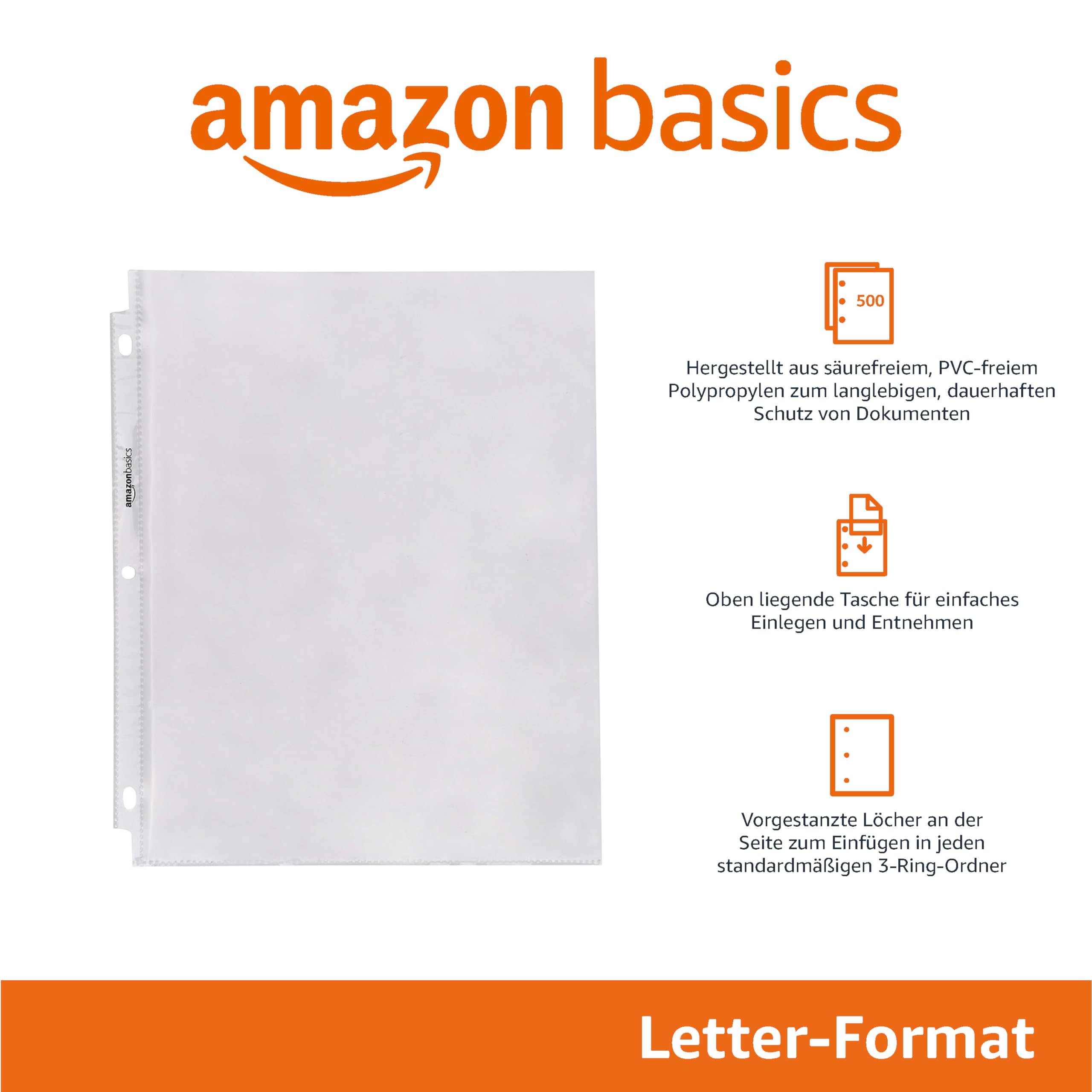 Amazon Basics Klarsichtfolien für Ringbuchordner mit 3 Ringen, ca. 21,5 x 28 cm, Briefgröße, 500 Stück, Transparent