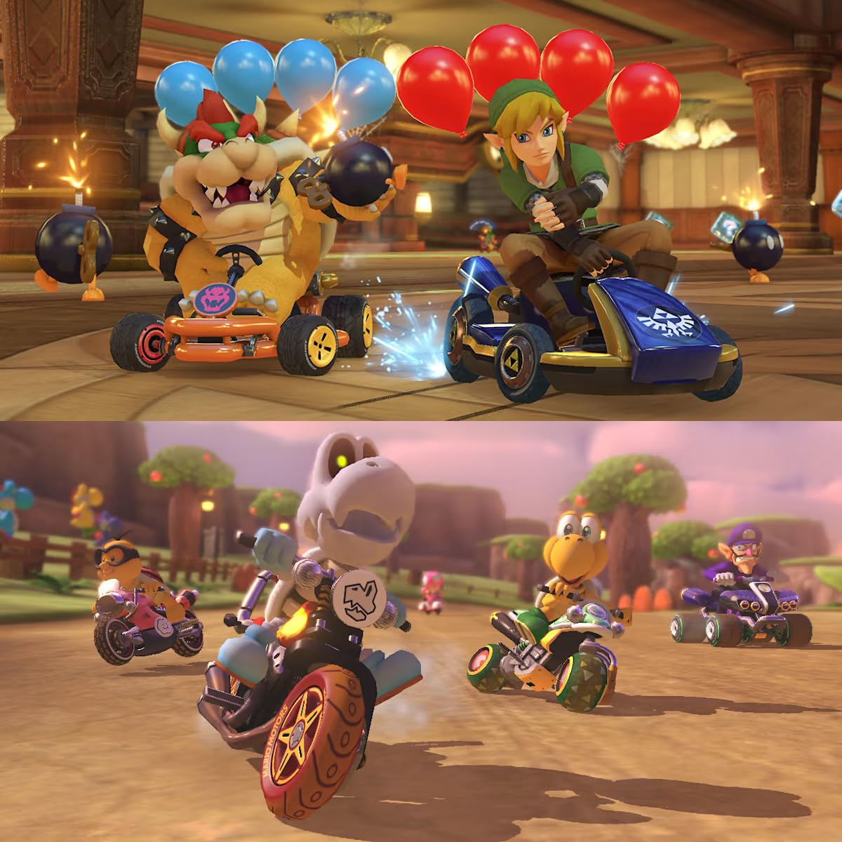 Mario Kart 8 Deluxe para Nintendo Switch, con controladores de volante PremGear Racing, empuñaduras de conducción para Joy-Con (paquete de 2), soporte para tarjetas de juego de 24 ranuras y paño de