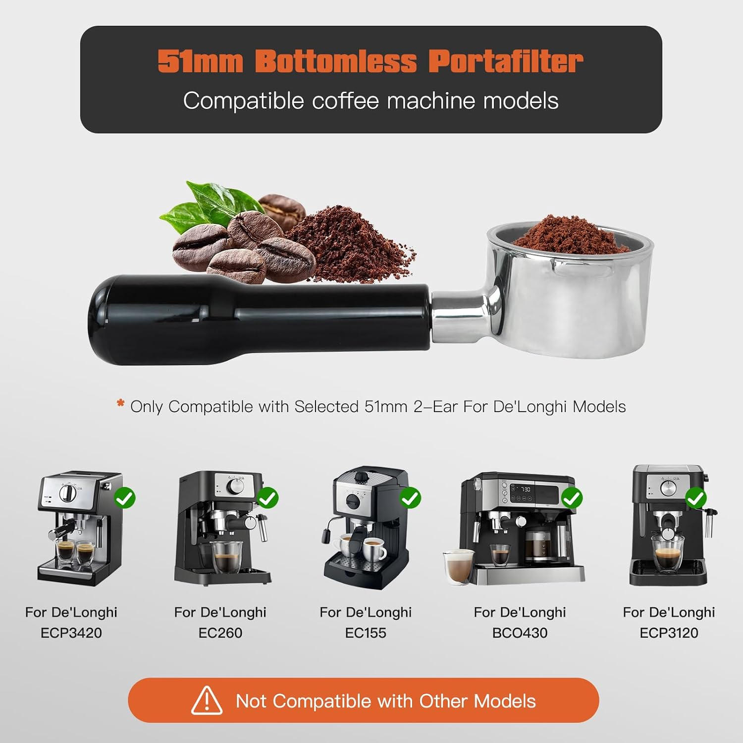 51mm Bottomless Portafilter 2 Ears, Compatible with Delonghi ECP3420/BCO430/EC260, 51mm portafilter with 304 Stainless Steel Filter Basket, ABS Handle