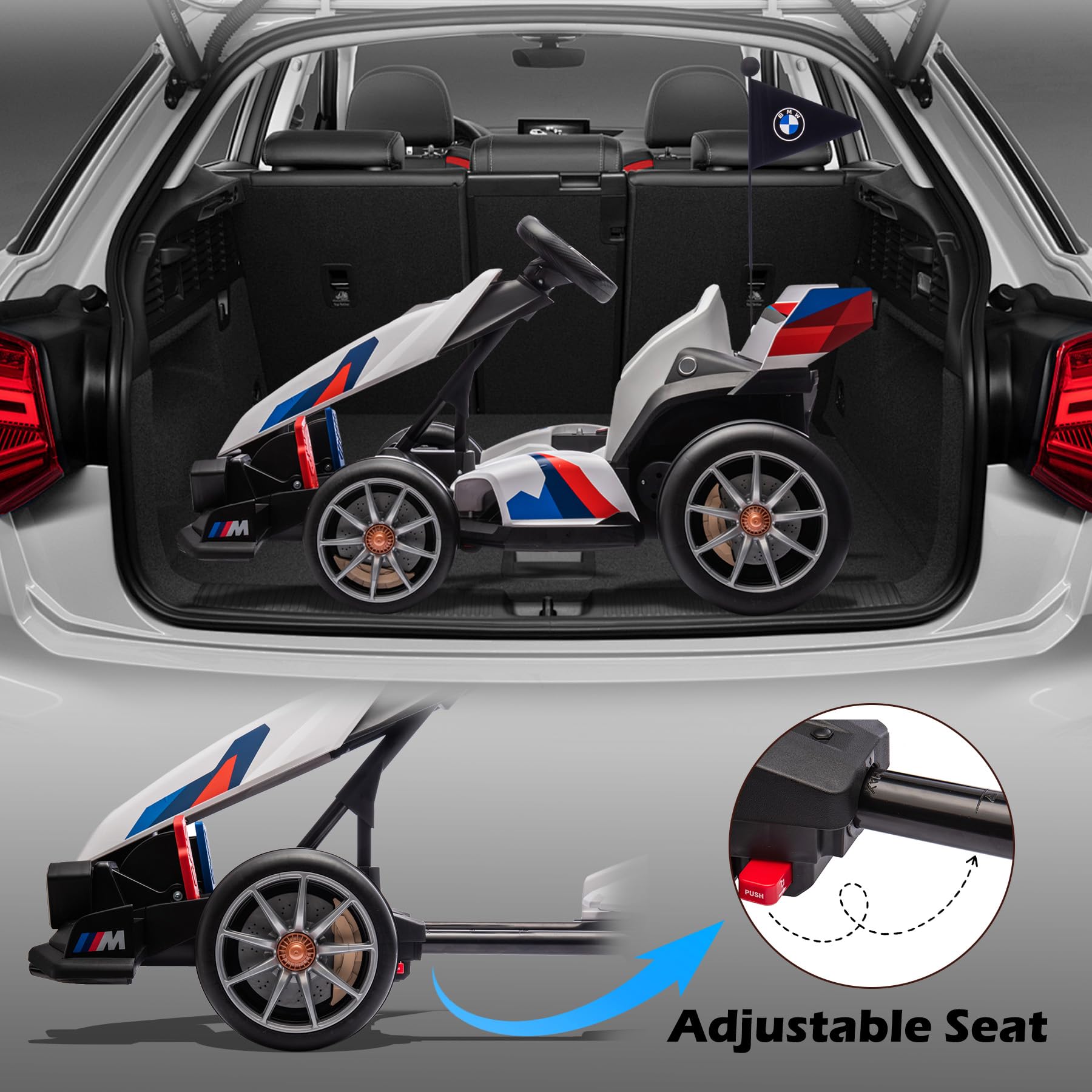 36V Licensed BMW Electric Go Kart, 7.5 MPH Drift Kart with 600W Motor, Outdoor Driftable Kids Race Pedal Go Karting Car w/Adjustable Seat, Lights, for 6 Years Old, White