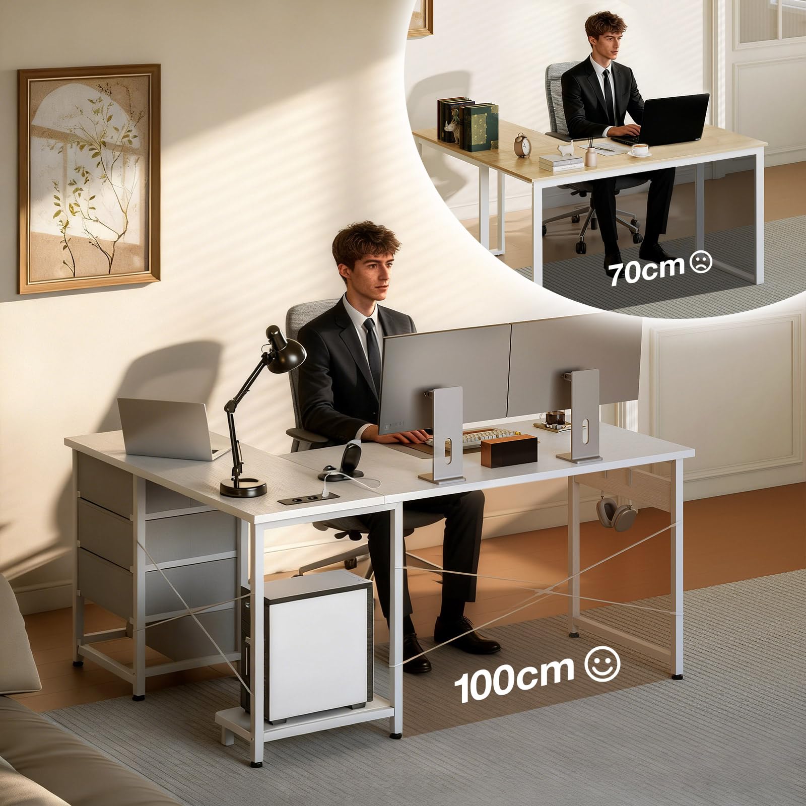 ODK Escritorio Esquinero con Cajones, 135×100 cm Escritorio en L con Enchufes y Puerto de Carga USB, Escritorio Esquina Reversible con Almacenamiento para Oficina en Casa, Blanco