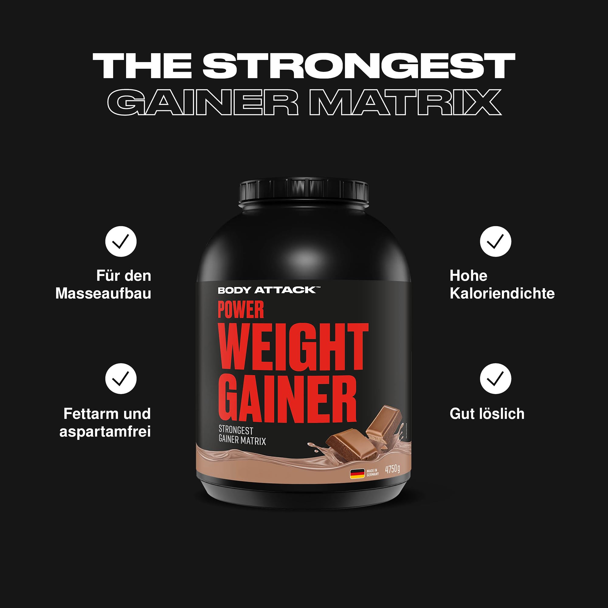 Body Attack Weight Gainer - Strawberry - 4,75 kg - Dein Mass Gainer für Masseaufbau & Muskelaufbau - Mit Whey Protein, BCAA und Kohlenhydraten - Dein fettarmer Masse Shake für hochwertige Kalorien