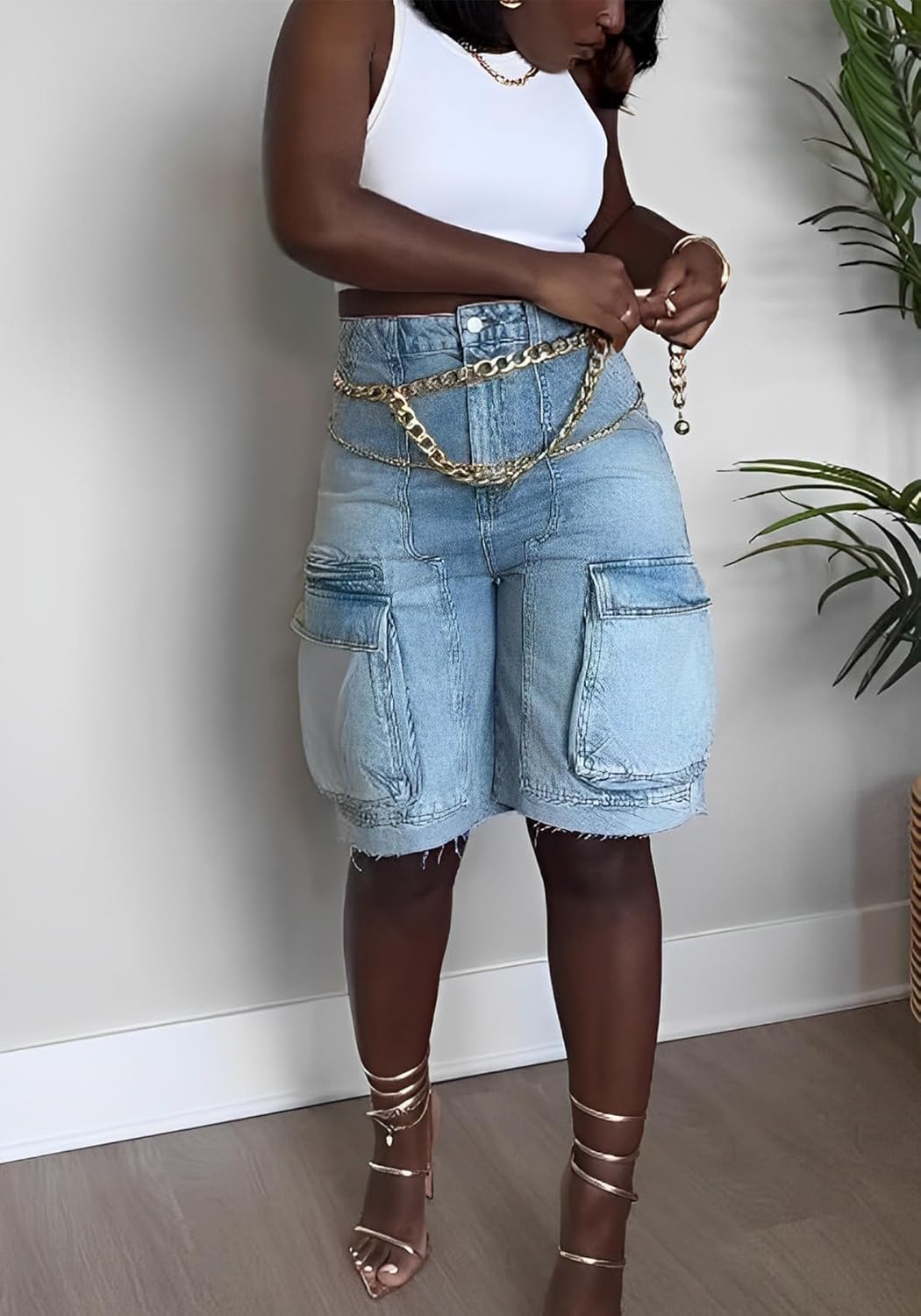 Unybwonn Women Denim Shorts High Waisted Distressed Straight Leg Cargo Shorts Casual Cargo Jean Shorts with Pockets - Image 4