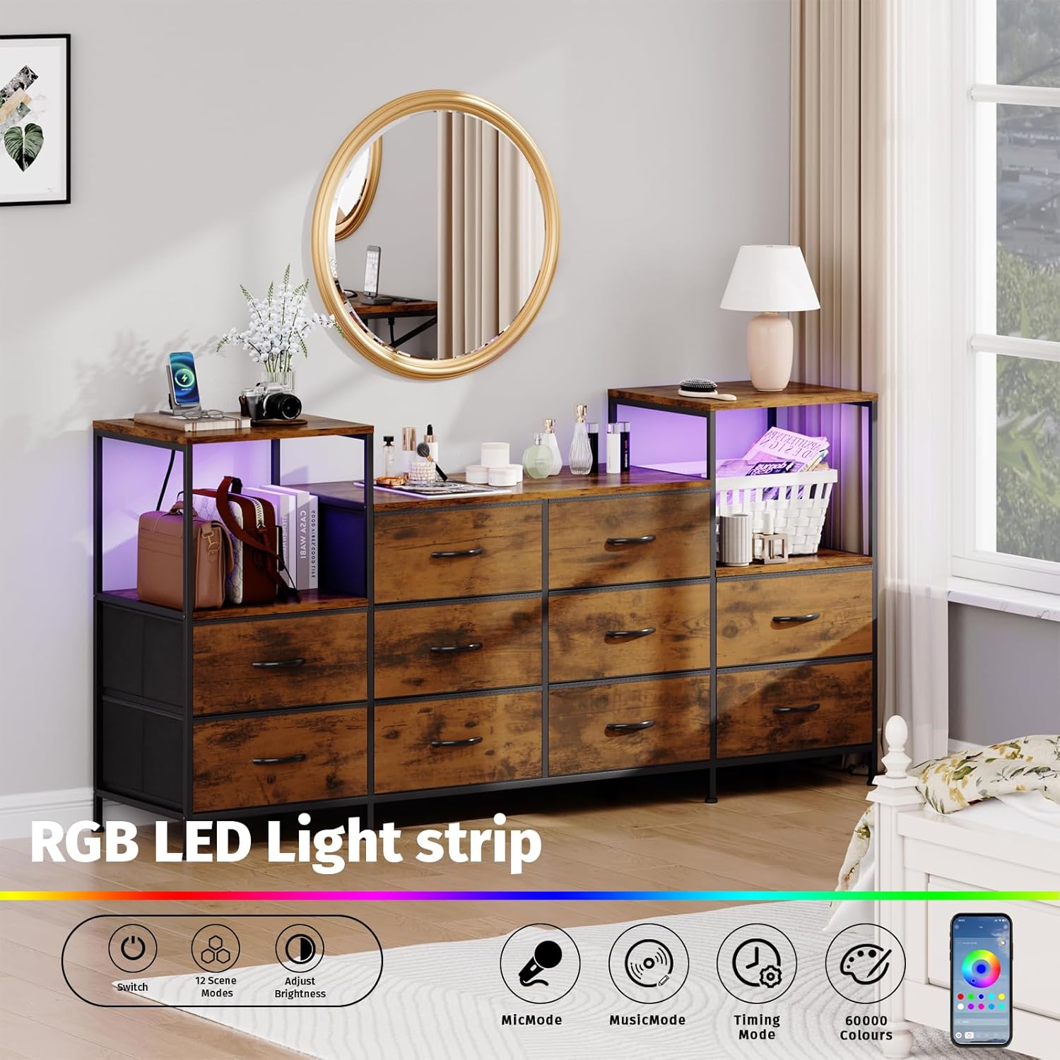 TV Stand for 50 inch TV with Charging Stantion & LED Light, Entertainment Center with 10 Fabric Drawers, Media Console Table with Open Storage Shelves for Living Room