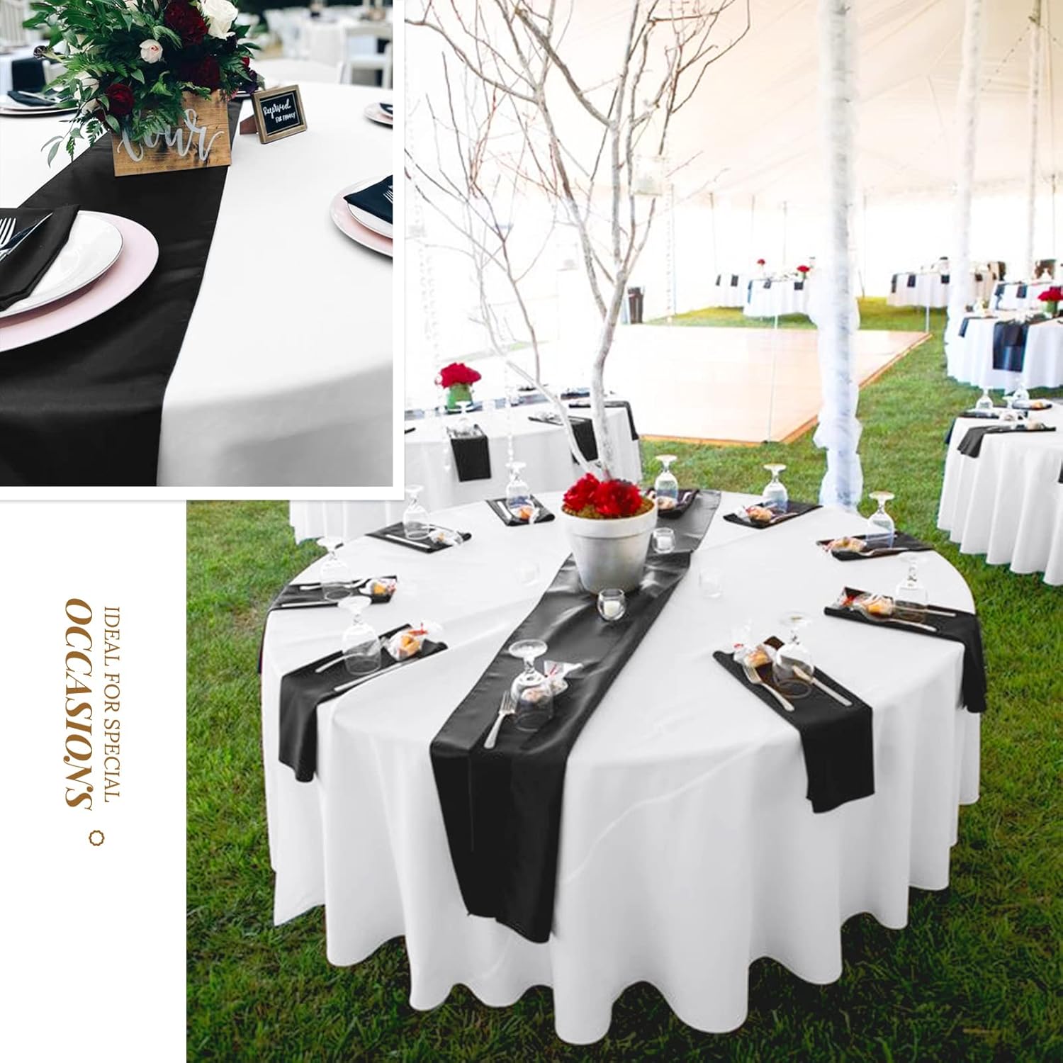 24 Pack Black Satin Table Runners 12 x 72 Inch Long Bright Silk Smooth Fabric Gold Table Runners for Party Wedding Reception Birthday Banquet Decoration