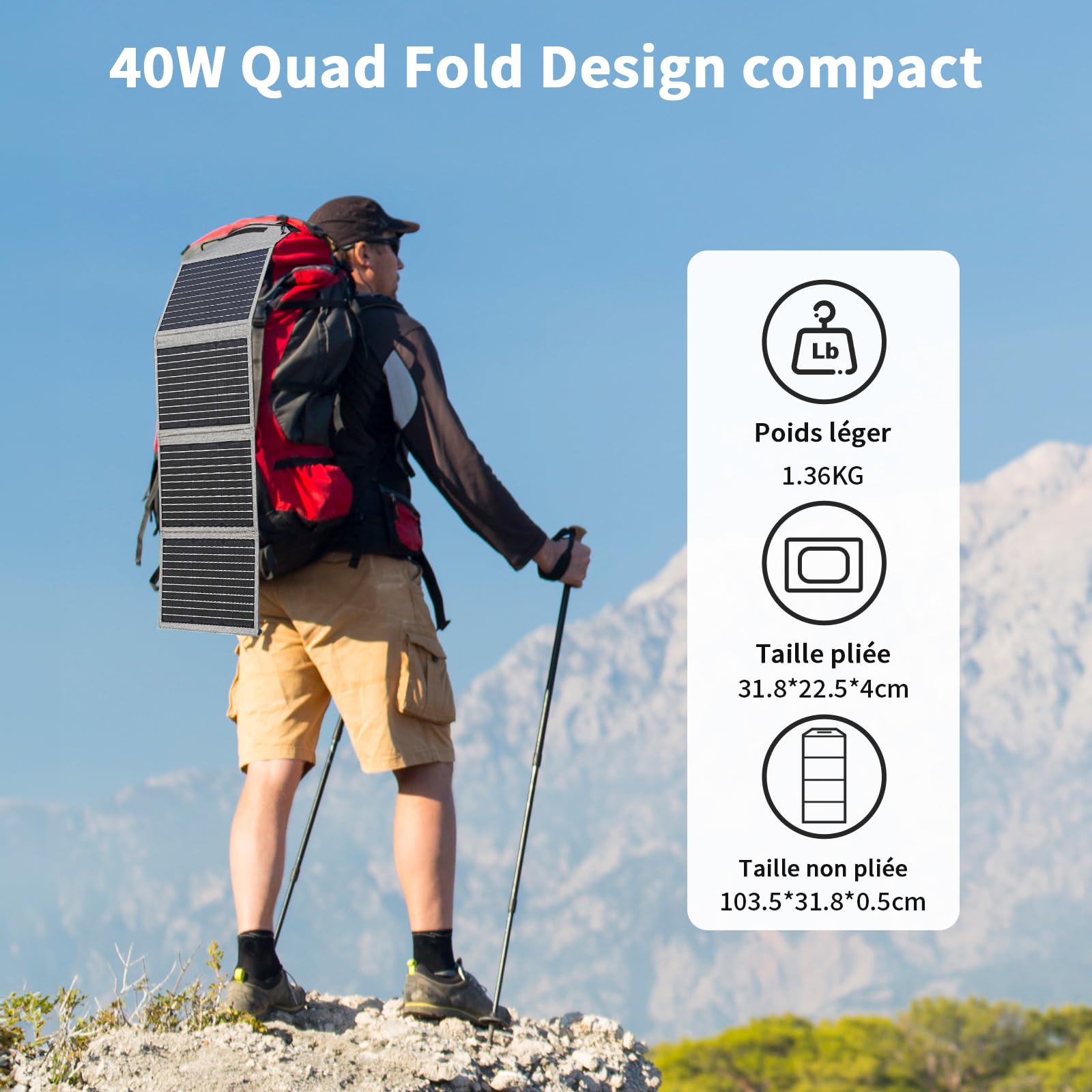 Panneau solaire pliable 40 W 19 V Chargeur solaire portable avec sorties USB C, USB A et DC, mini chargeur de taille livre pour iPhone, iPad, batterie externe, camping, randonnée, voyage en