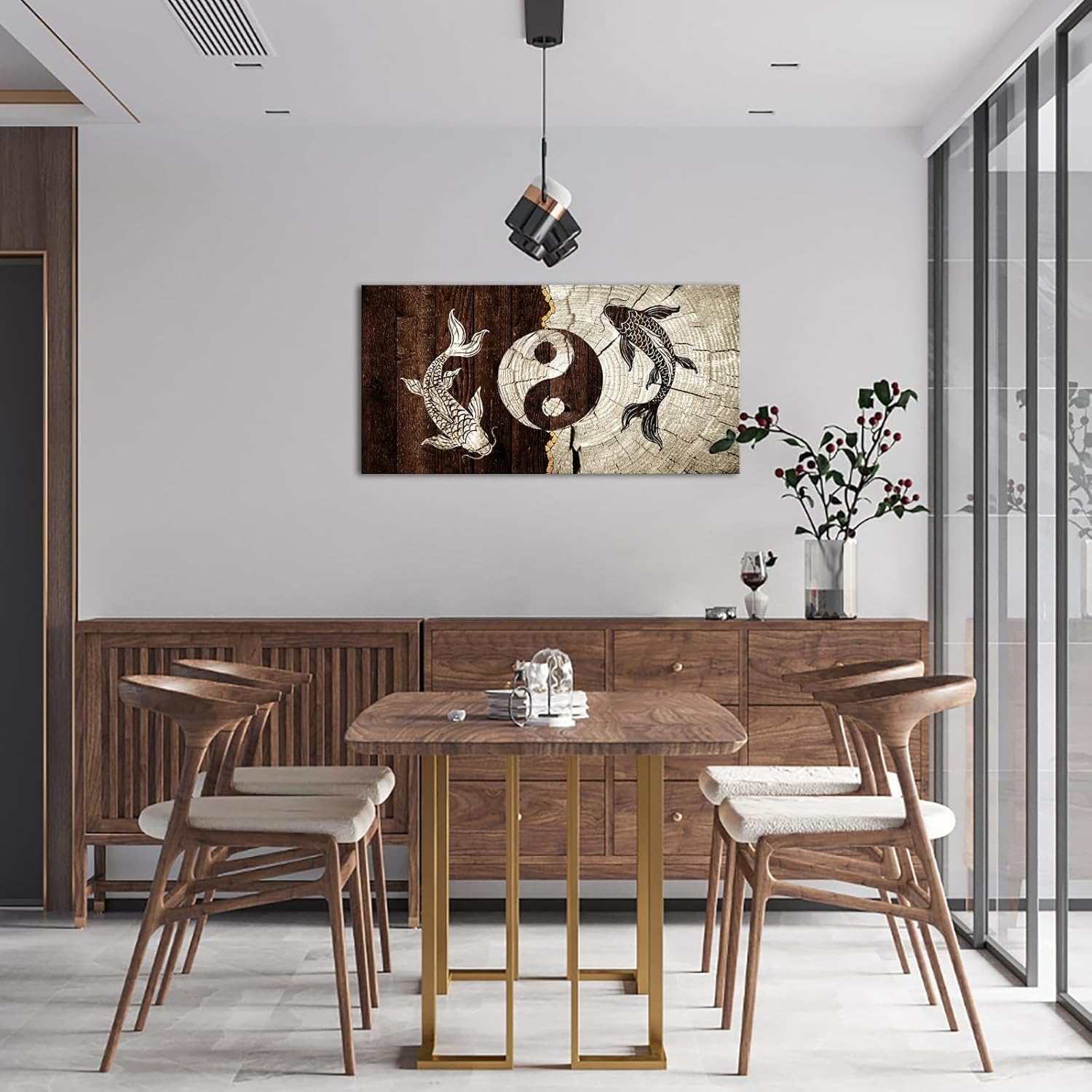 Biuteawal Large Koi Fish Canvas Wall Art 3 Panel Yin Yang Symbol Picture Traditional Chinese Culture Art Prints Painting Retro Brown Artwork Home Office Bathroom Decor Gallery