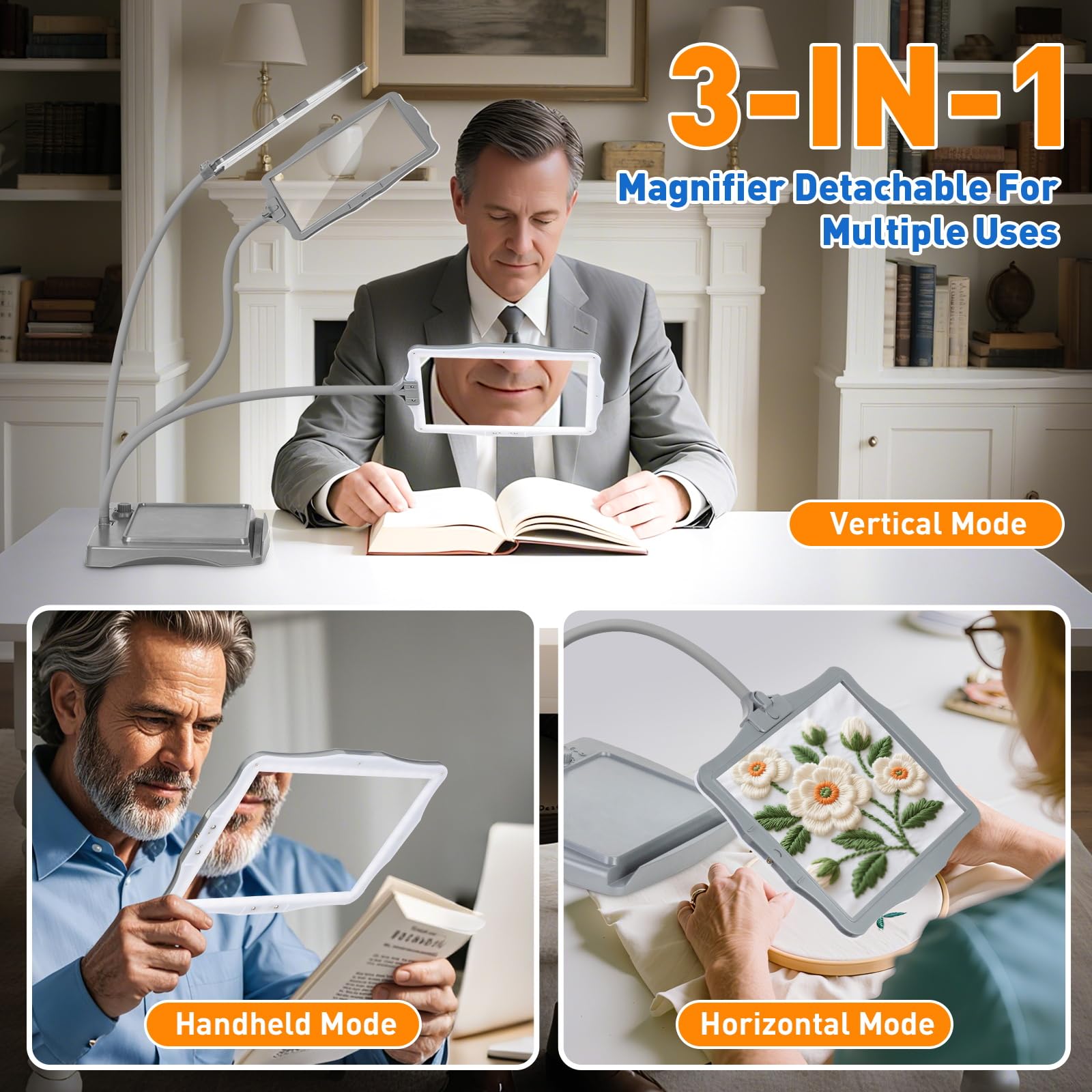 Lupa de página completa recargable de 10 aumentos para lectura, lupa de mano grande de 10.6 x 7.8 pulgadas con luz y soporte, 50 luces LED y lámpara de aumento 3 en 1 de cuello de cisne para