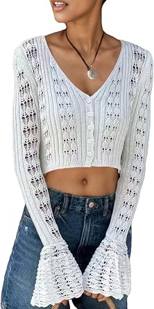 LETSVDO Womens Crochet Crop Cardigan Summer Bell Sleeve Knit Hollow Out Sheer Button Up V Neck Shrug Sweater Tops