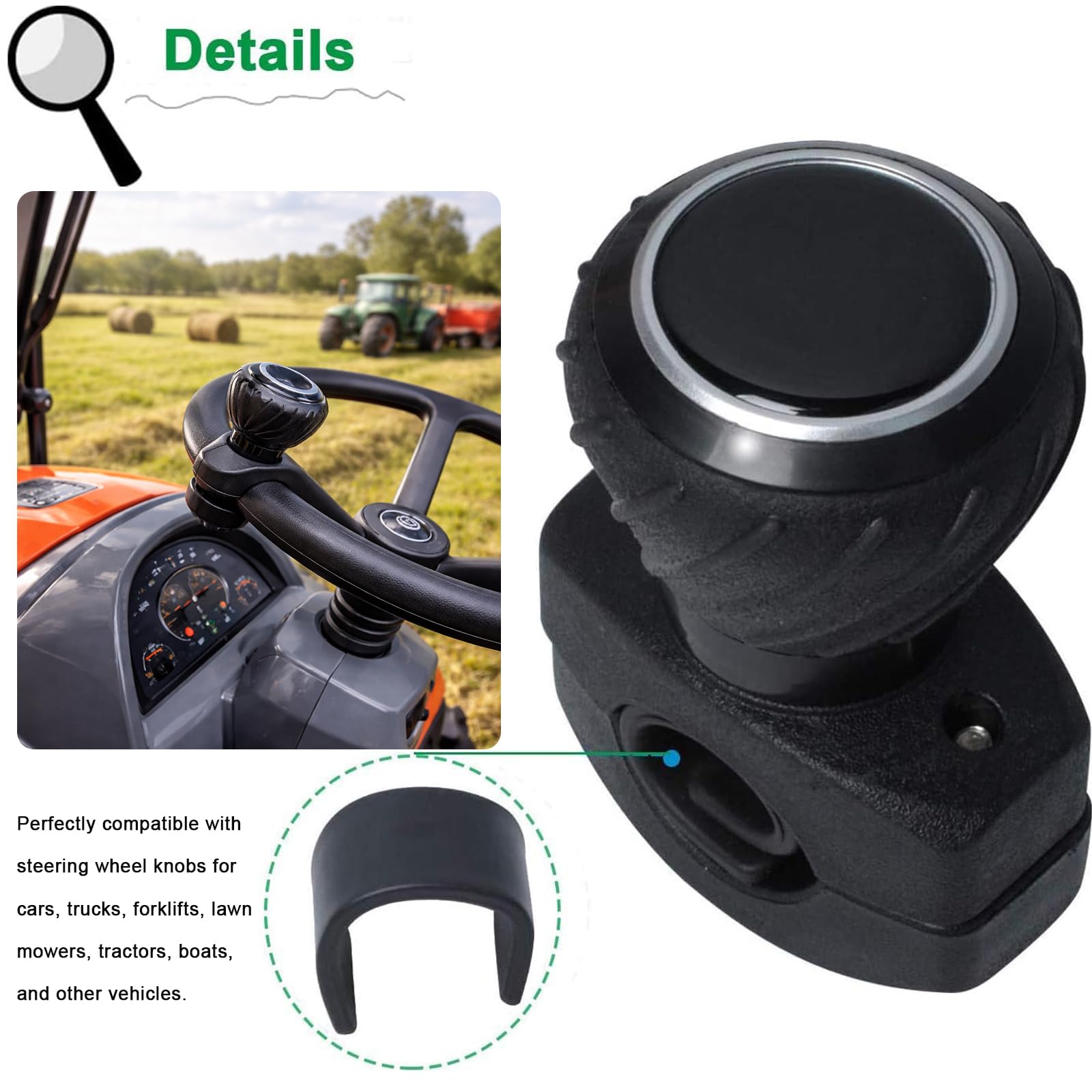 Poweka Pomo para Volante de Coche Compatibles con Kubota John Dee-Re, Mango Giratorio del Volante para Coches Camiones Cortacéspedes Tractor Barco Carrito de Golf, Perilla de Suicidio Universal