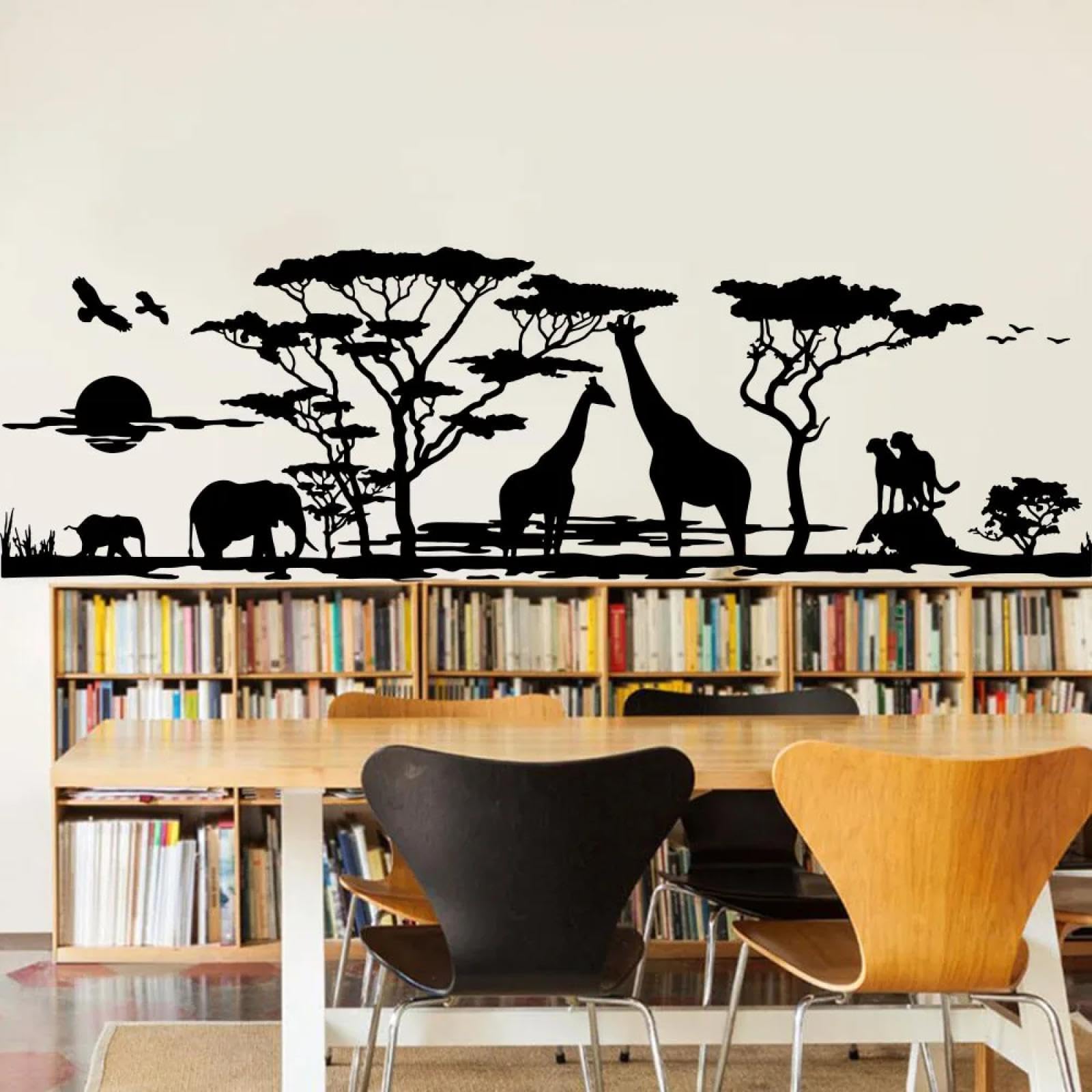 Shelog Black Safari African Jungle Giraffe Wall Sticker Nursery Kids Room Sun Elephant Animal Bird Tree Wall Decal Bedroom Decor