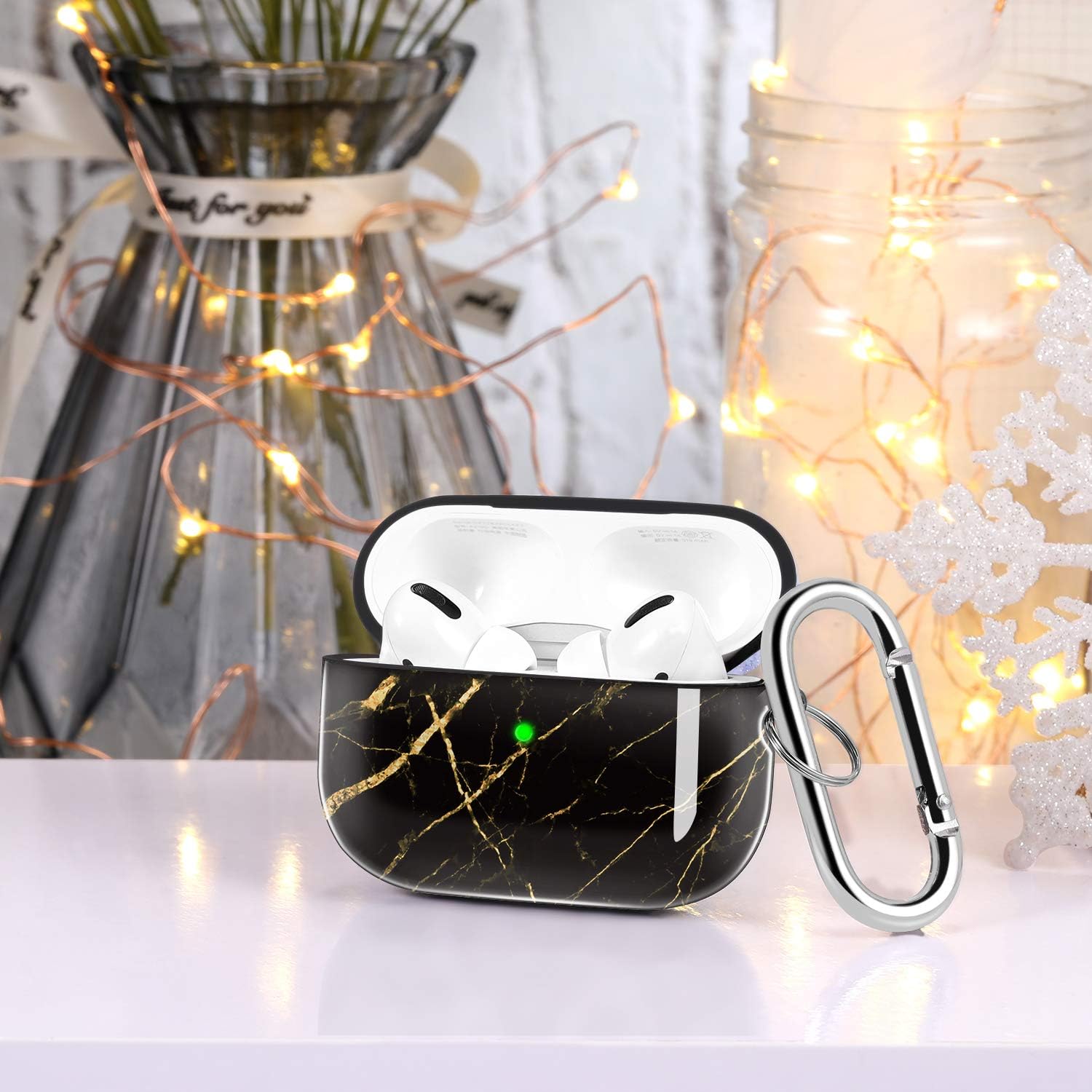 Hamile Compatible with AirPods Pro Case Cute Protective Cover Shockproof Hard Case for Apple Airpods Pro 3RD Charging Cases (2019), AirPods Accessories Keychain (LED Visible) - Black Gold Marble