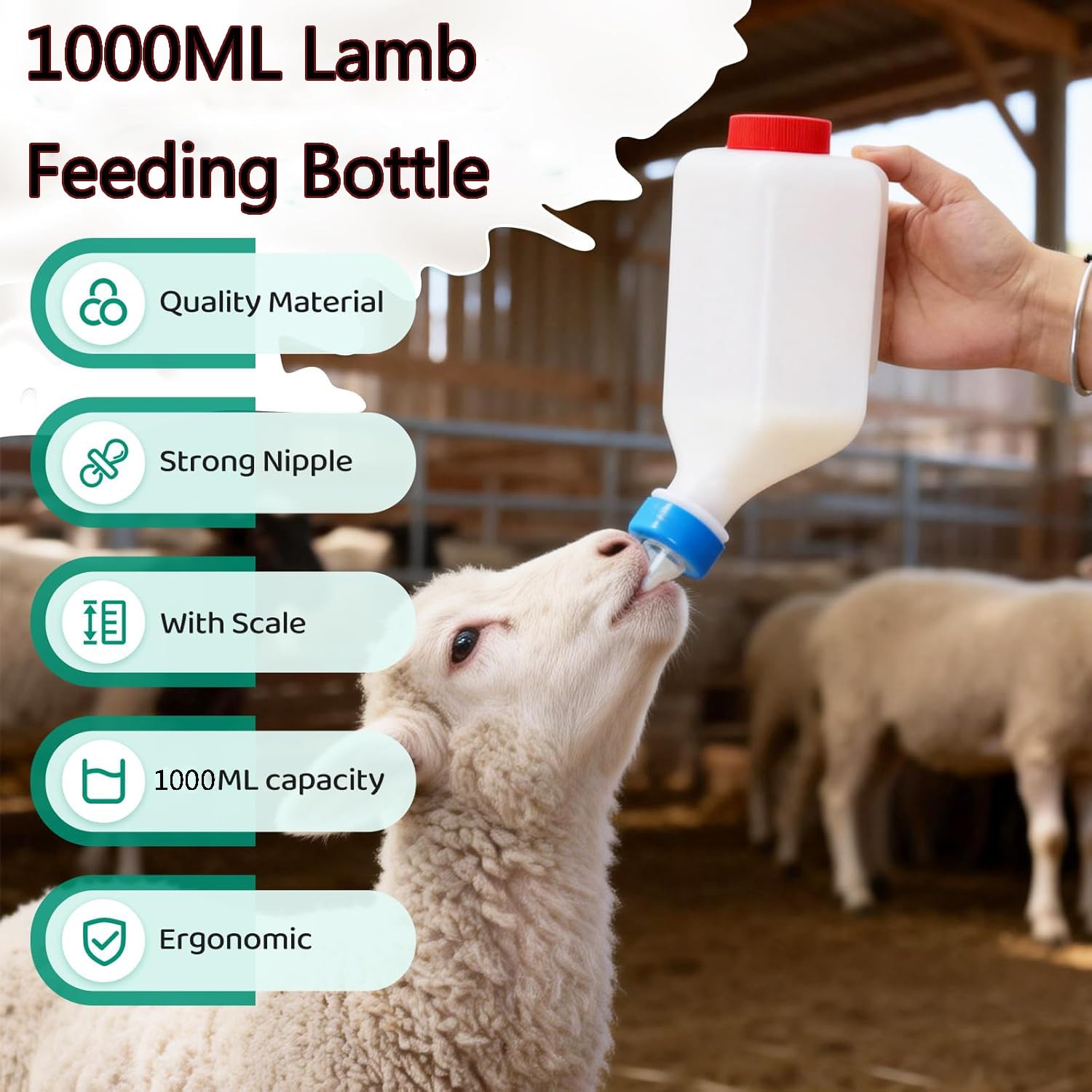 MEISO 3 Pièces Biberon d'agneau & Chèvre 500 ML, Bouteille d'alimentation d'agneau, Système de Boisson Suspendue, Seau à Lait en Bouteille pour Allaitement d'Agneaux & Bébé Chèvre (500 ML)