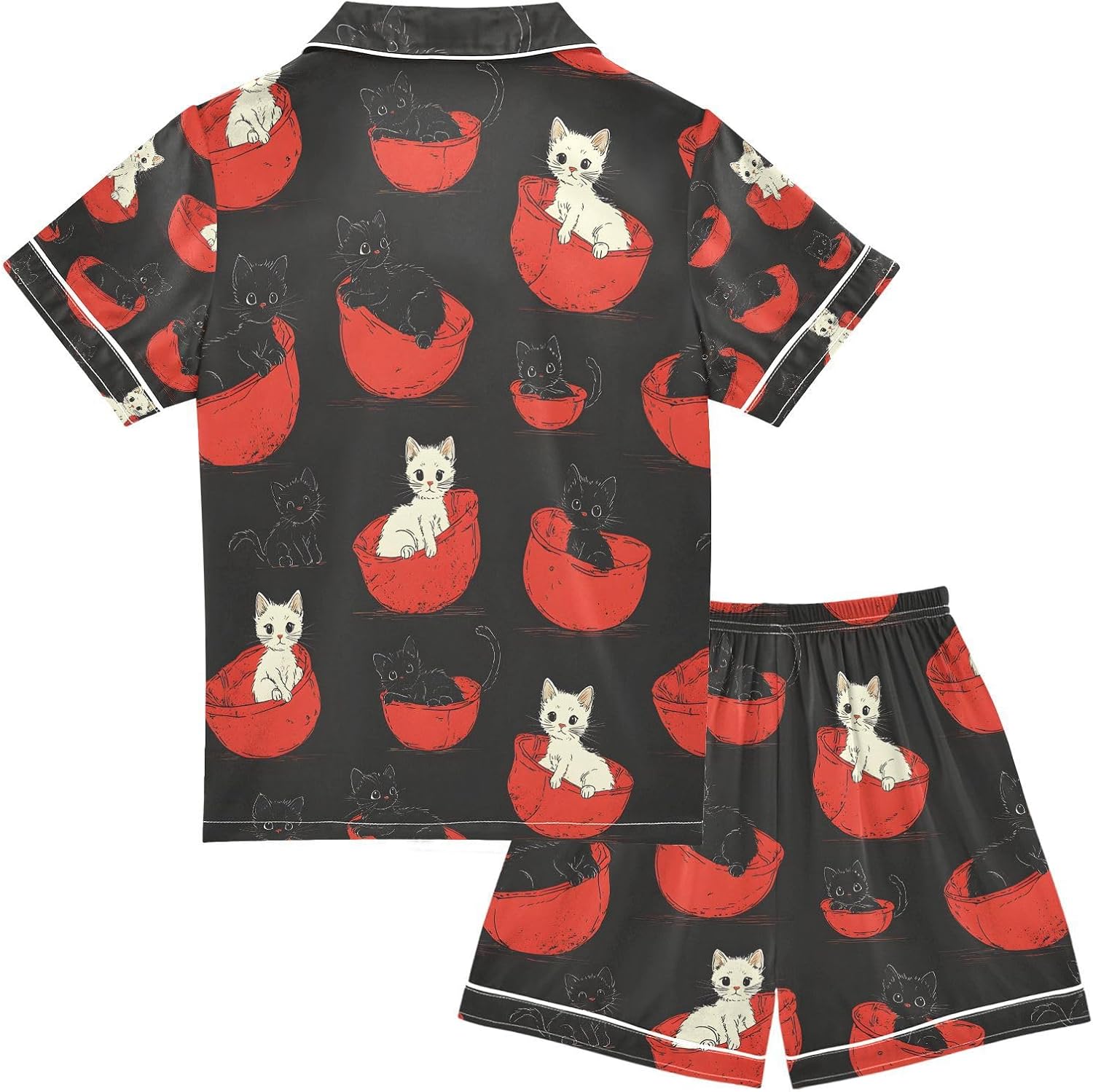 senya Cat Bed Black Satin Summer Pajama Sets Silk Short Sleeve Button Down Sleepwear