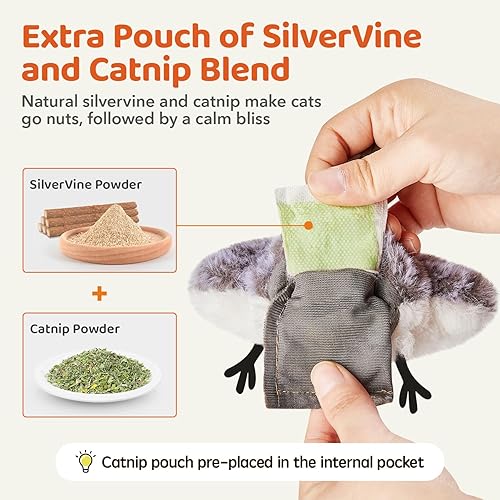 Vista 13 de Potaroma Juguetes para gatos con forma de búho que aletea (sin volar), chirrido de pájaro realista, juguete recargable para gatitos, juguete