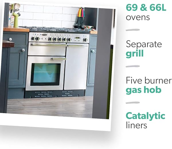 Rangemaster PROP90DFFSS/C Freestanding Range Cooker, Two Fan Ovens, AA Rated, 5 Burner Gas Hob, Stainless Steel - 3