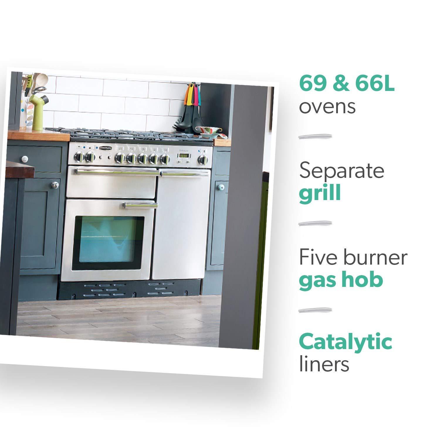 Rangemaster PROP90DFFSS/C Freestanding Range Cooker, Two Fan Ovens, AA Rated, 5 Burner Gas Hob, Stainless Steel — view 3