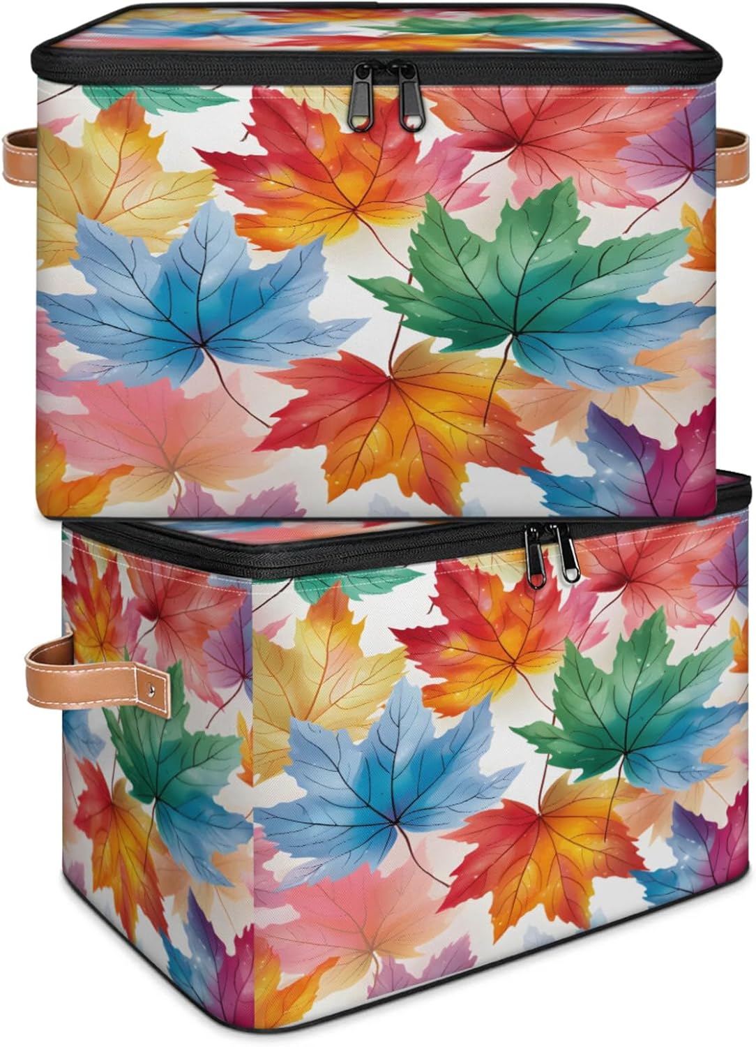 Storage Bin Set of 2 Rainbow Maple Leaf Storage Basket with Zipper Lid & Handle Foldable Closet Shelf 2 Pack Cloth Organizer Basket Cube Bins Clothes Organizer for Nursery, Bedroom