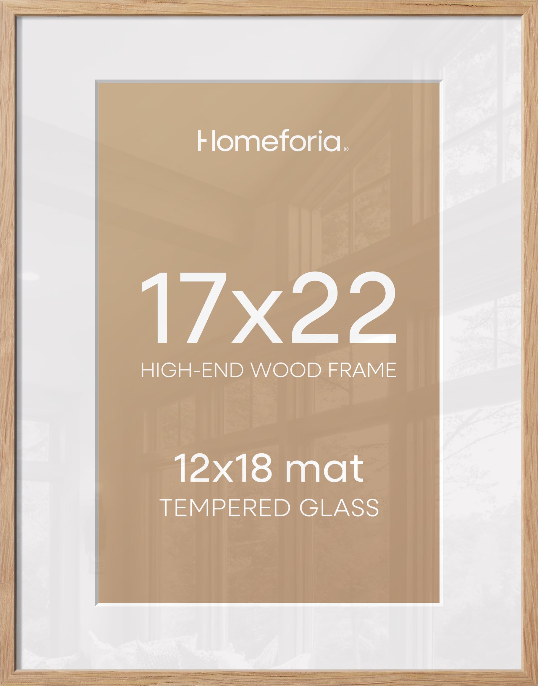 Homeforia 17x22 Picture Frame Natural Wood, High End Oak 17x22 Light Wooden Poster Frame with Mat 12x18, 17 x 22 Frames Matted to 12 x 18 Photo, 22x17 Hanging Frame, Tempered Glass, Wall Kit, Set of 2