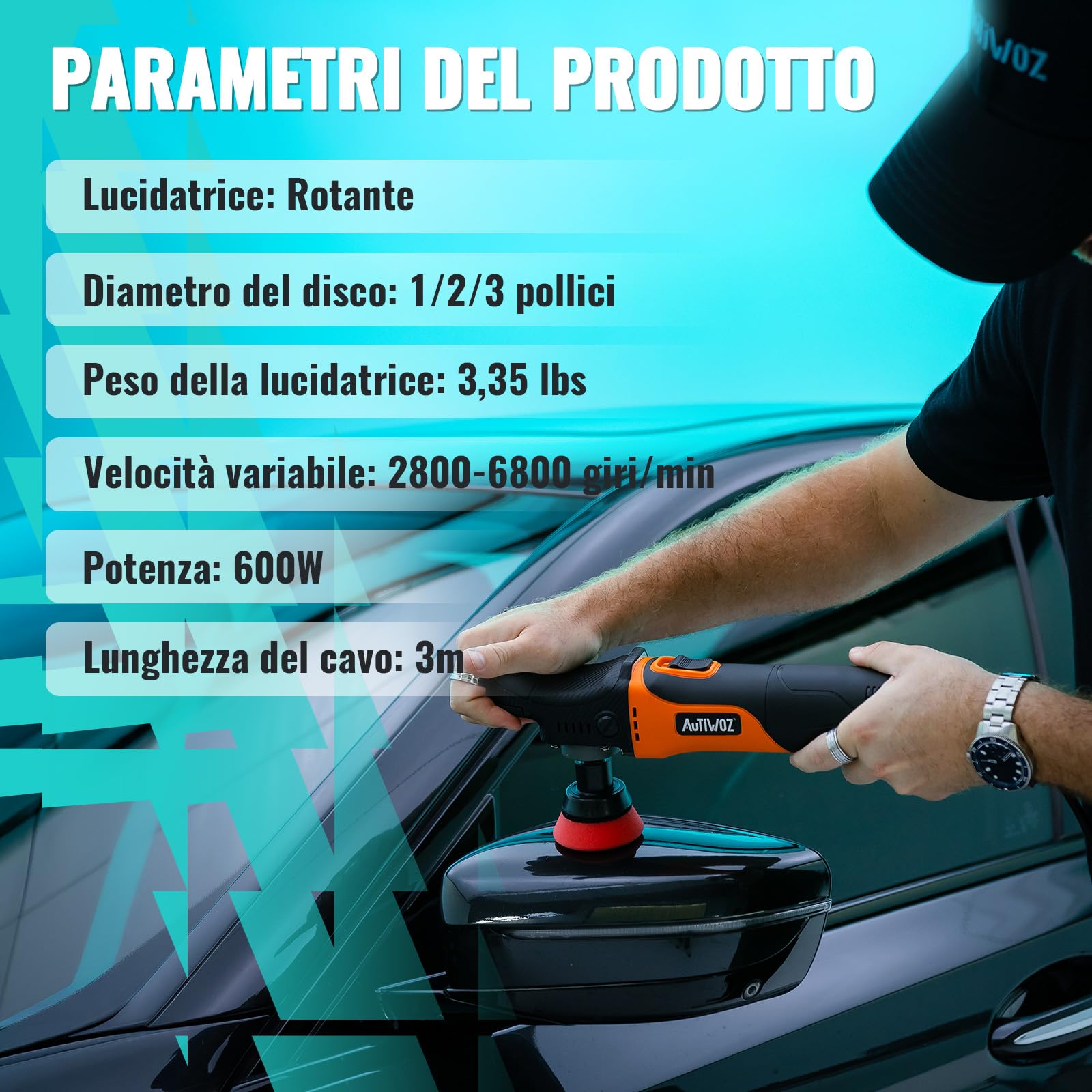 AUTIWOZ Mini lucidatrice per auto, 600 W, con 6 velocità variabili 2800-6800 giri/min, manico laterale rimovibile, albero di prolunga filettato 25 mm, 50 mm, 75 mm