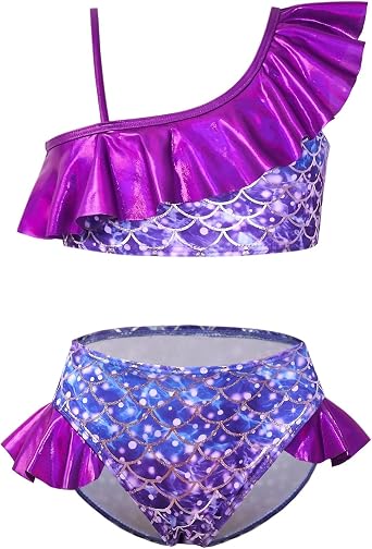 CHILDRENSTAR Girls Metallic Bathing Suits Shiny Ruffles One Shoulder 2 Pieces Swimsuits Cute Bikini Set