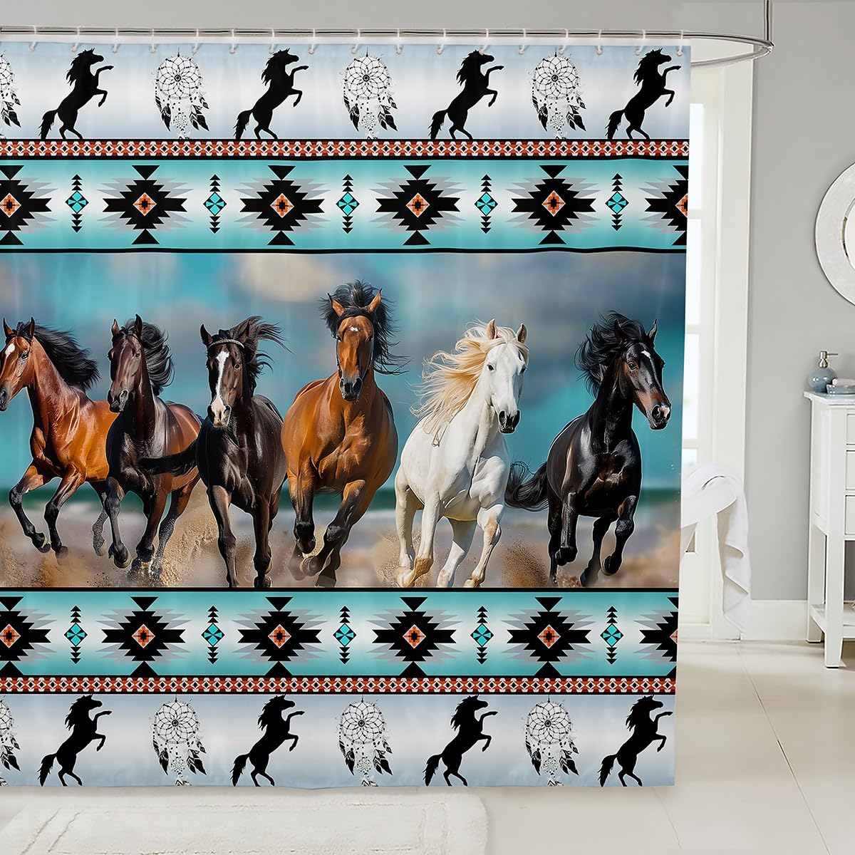 Aztec Shower Curtain African Tribal Horse Printed Bath Curtain 72" Wx72 L,Farm Animals Shower Curtain Set Ethnic Tribe Arrow Dream Catcher Southwest