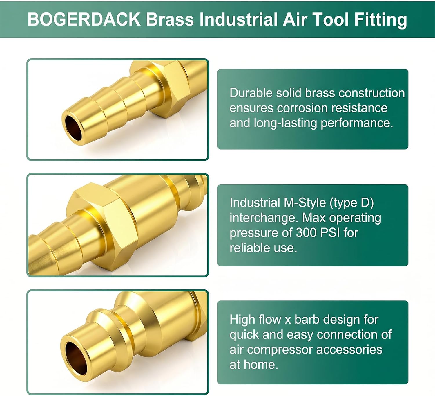 6PCS Brass Quick Connect Air Hose Fittings, 1/4" Barb x 1/4" Flow Air Plug, M/D, with Hose Clamp