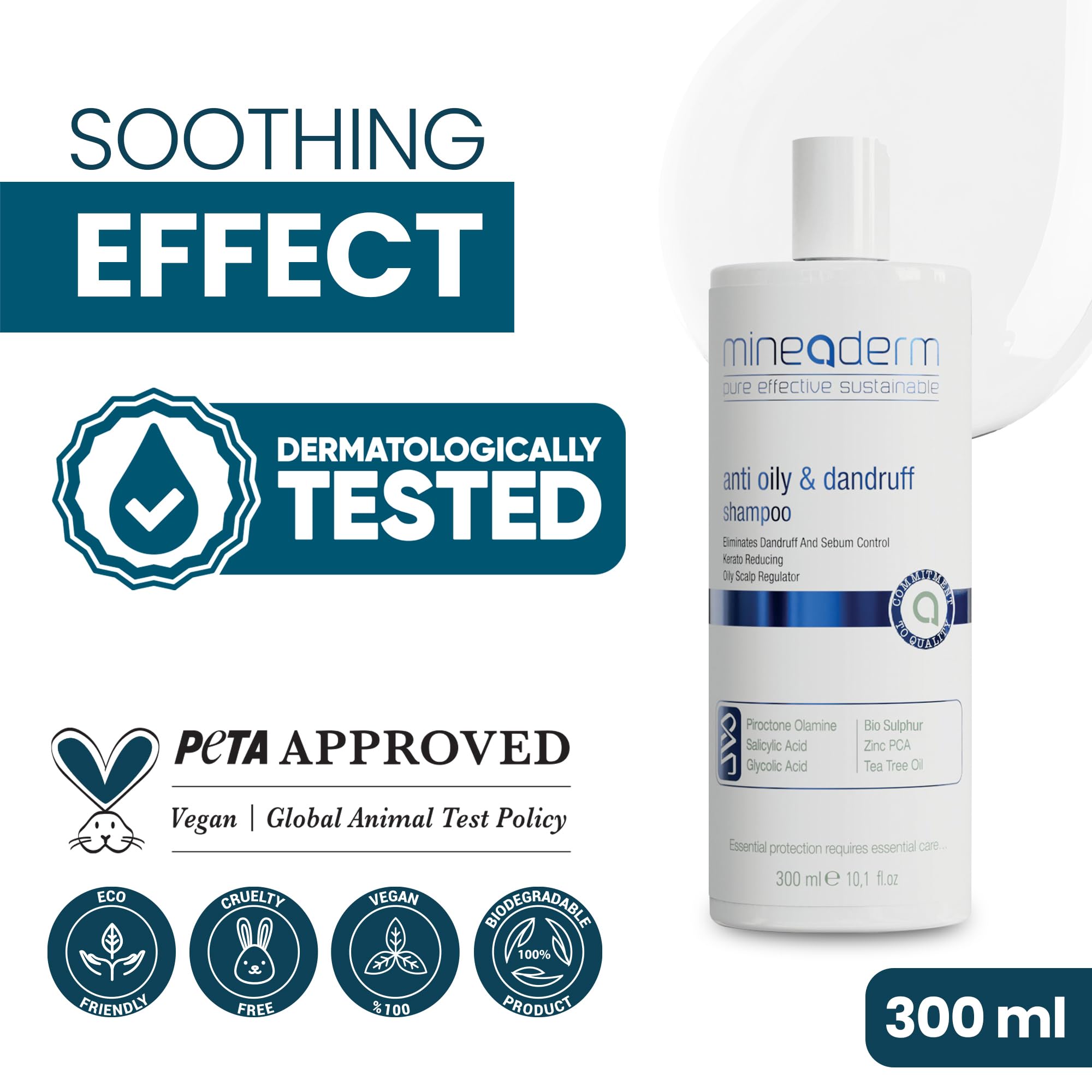 Mineaderm Champú anticaspa para cuero cabelludo graso y con picazón – Con olamina, ácido salicílico y aceite de árbol de té – Sin siliconas – Para hombre y mujer – 300 ml (Paquete de 2)