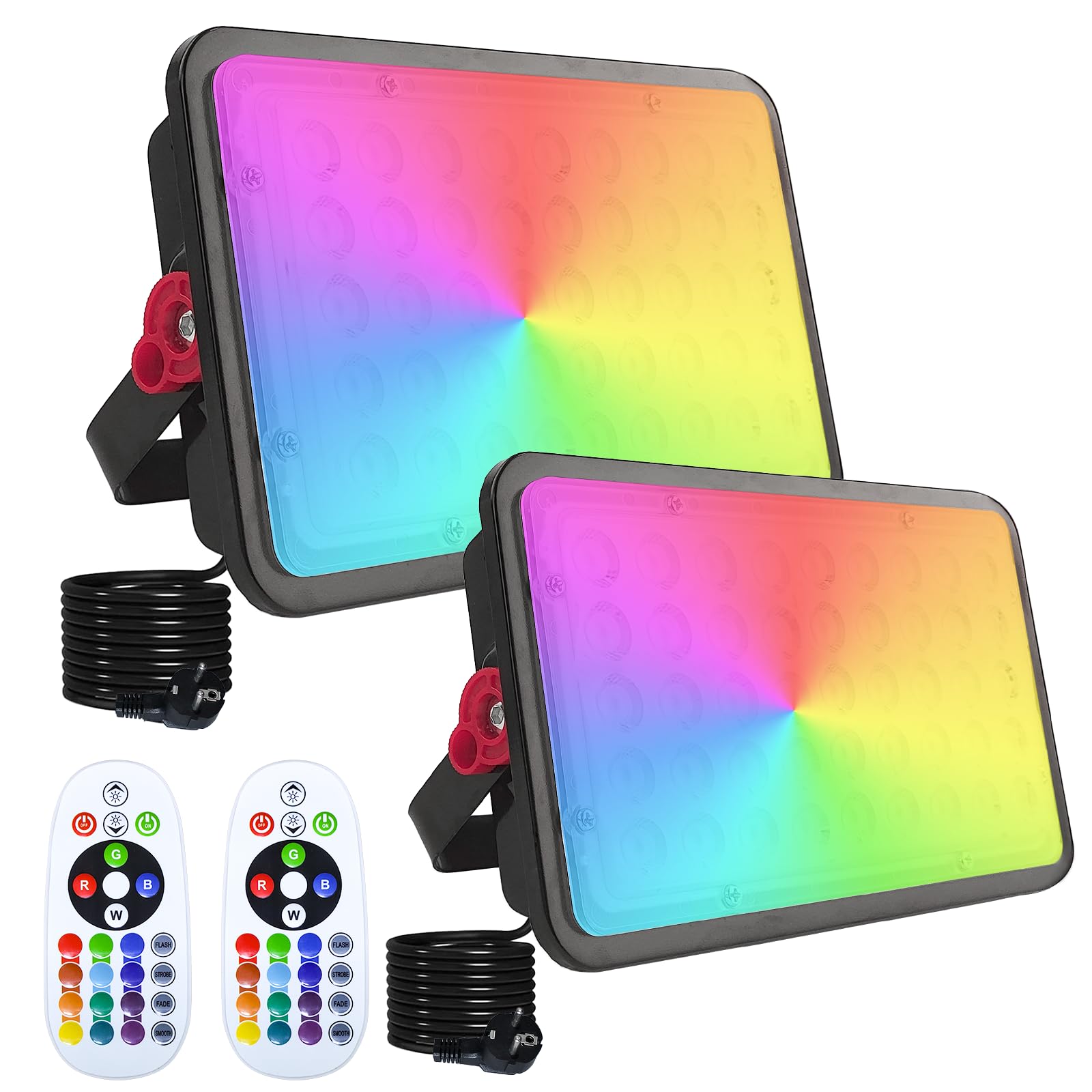 Indmird RGB LED Strahler 100W, 2 Stück RGB Strahle mit Fernsteuerung, IP66 Wasserdich RGB Fluter Farbwechsel Dimmbar Gartenbeleuchtung Partylichter für Garten Party Halloween Baum Stimmungslicht