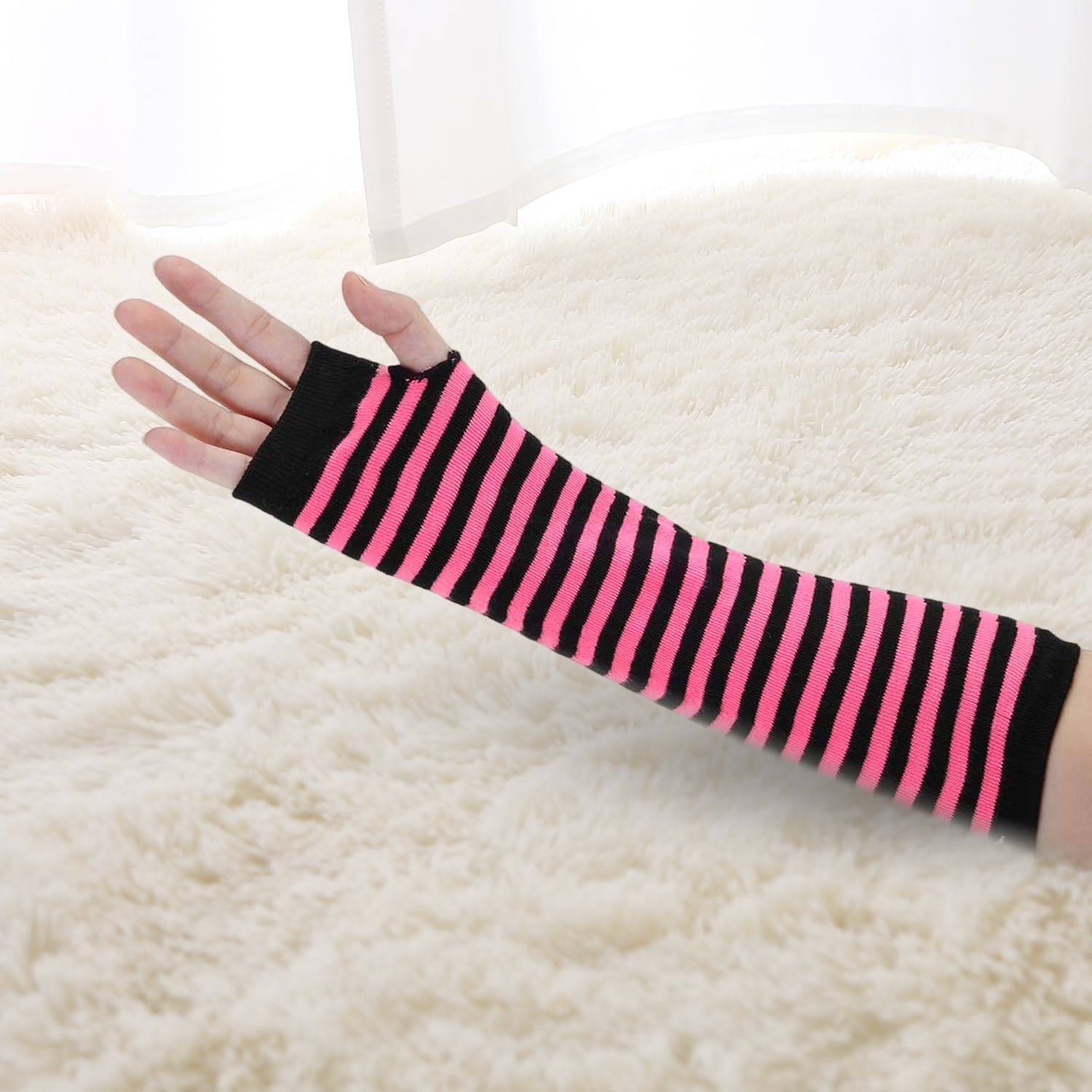 Womens Warm Fingerless Gloves Striped Elbow Length Knitted Stretchy Arm Warmers with Thumb Hole for Women Girls