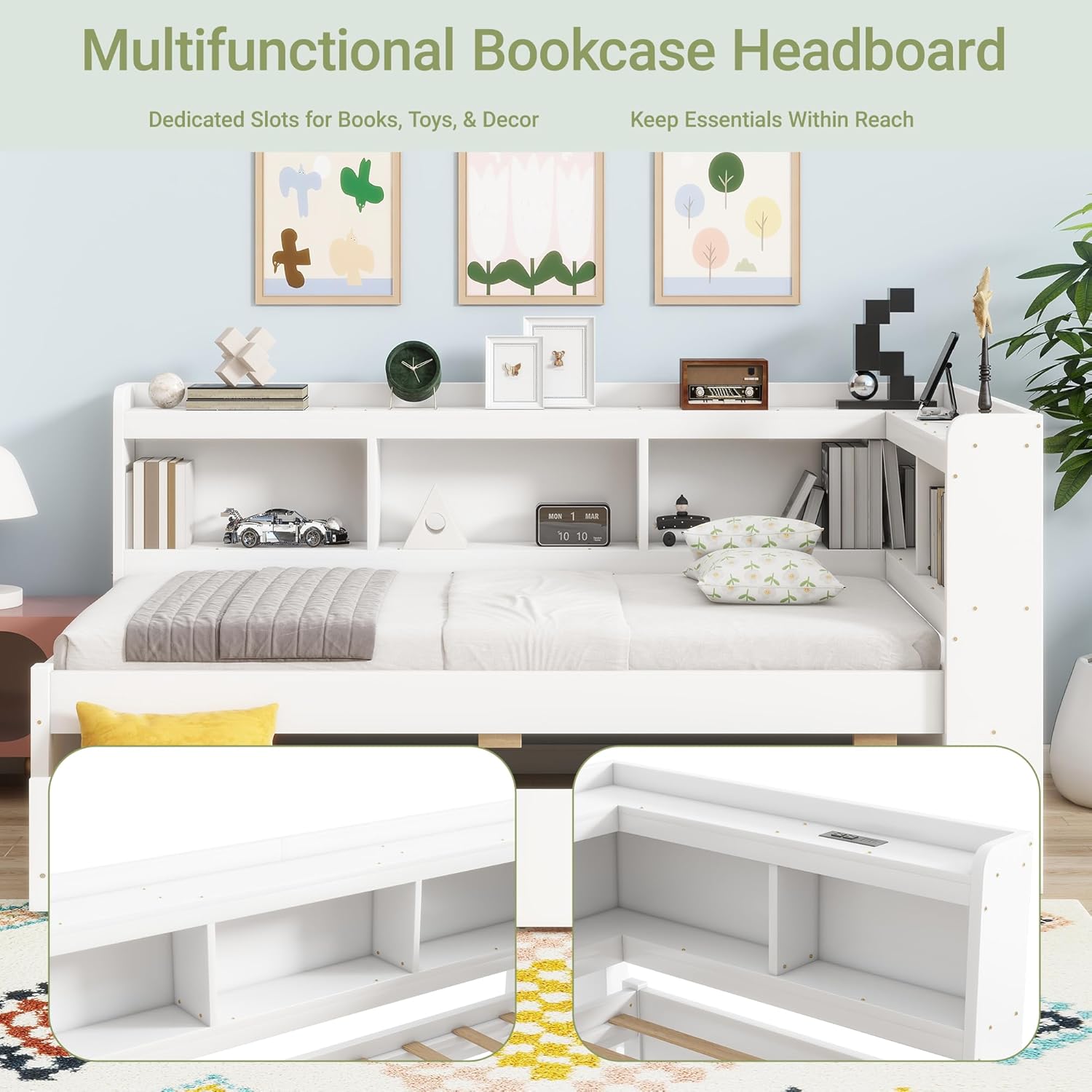 Full Size Corner Bed Frame with L-shaped Bookcase Headboard, Wood Platform Bed with Charging Station and USB Ports, 2 Storage Drawers on Wheels, No Box Spring Needed, Space-Saving Design, White