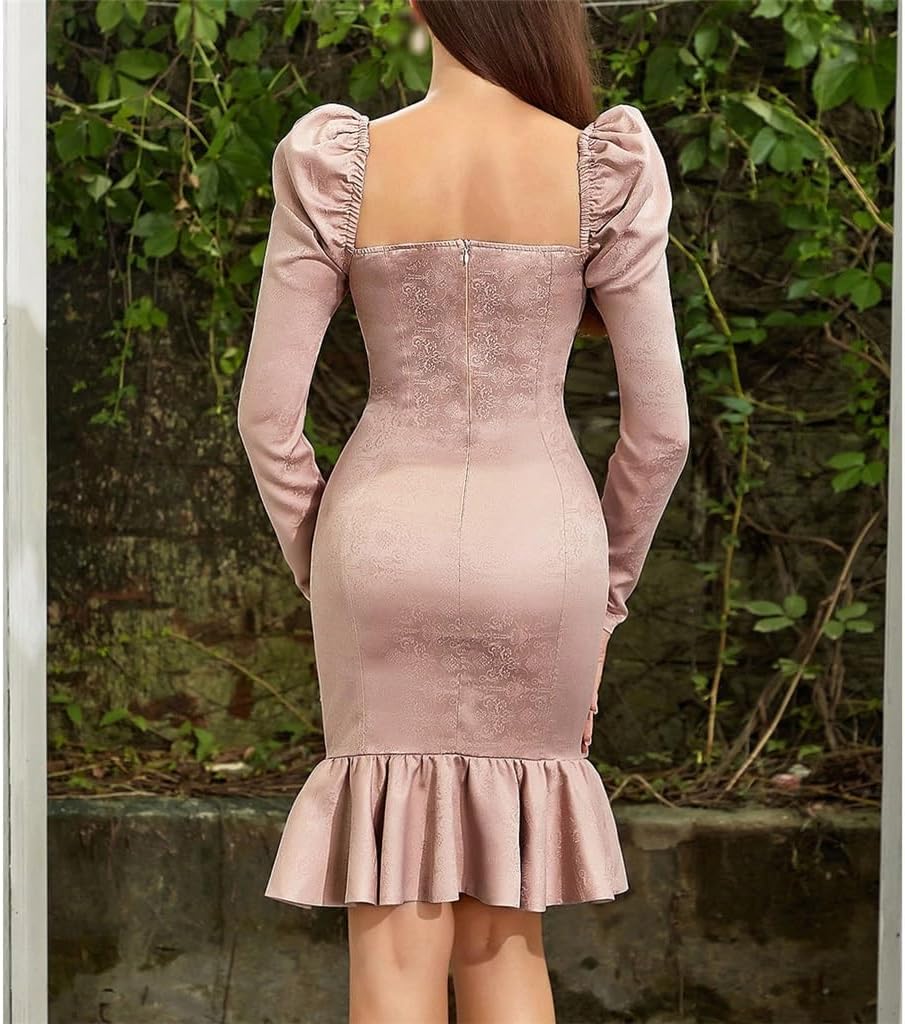 JSEIAJB Bandage Sexy Smear Collar Irregular Long Sleeve Slim Ruffle Dress Women(Small)