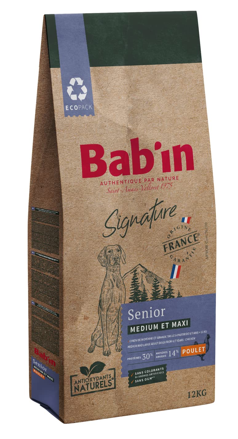 Bab'in Signature Medium & Maxi Senior 12KG - Croquettes pour Chien Senior de Moyenne et Grande Taille - Naturelles, Saines et Equilibrées - Adaptées aux Besoins Nutritionnels - Riche en Poulet