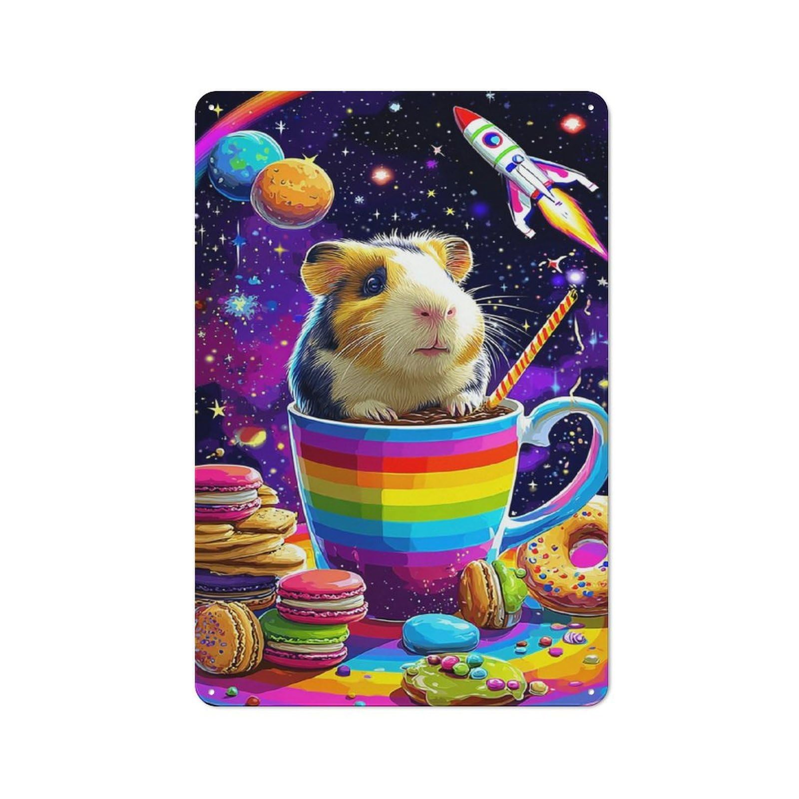 Junmoney Space Guinea Pig With Rainbow Cupcakes Metal Wall Plaque With Design 30X20cm, Classic Retro Room Decor For Kitchen, Hallway, Bar Or Small Cafe
