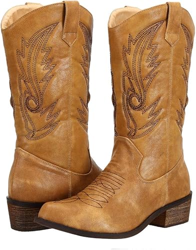 Botas vaqueras para mujer, punta puntiaguda, a media pantorrilla, zapatos de moda occidental