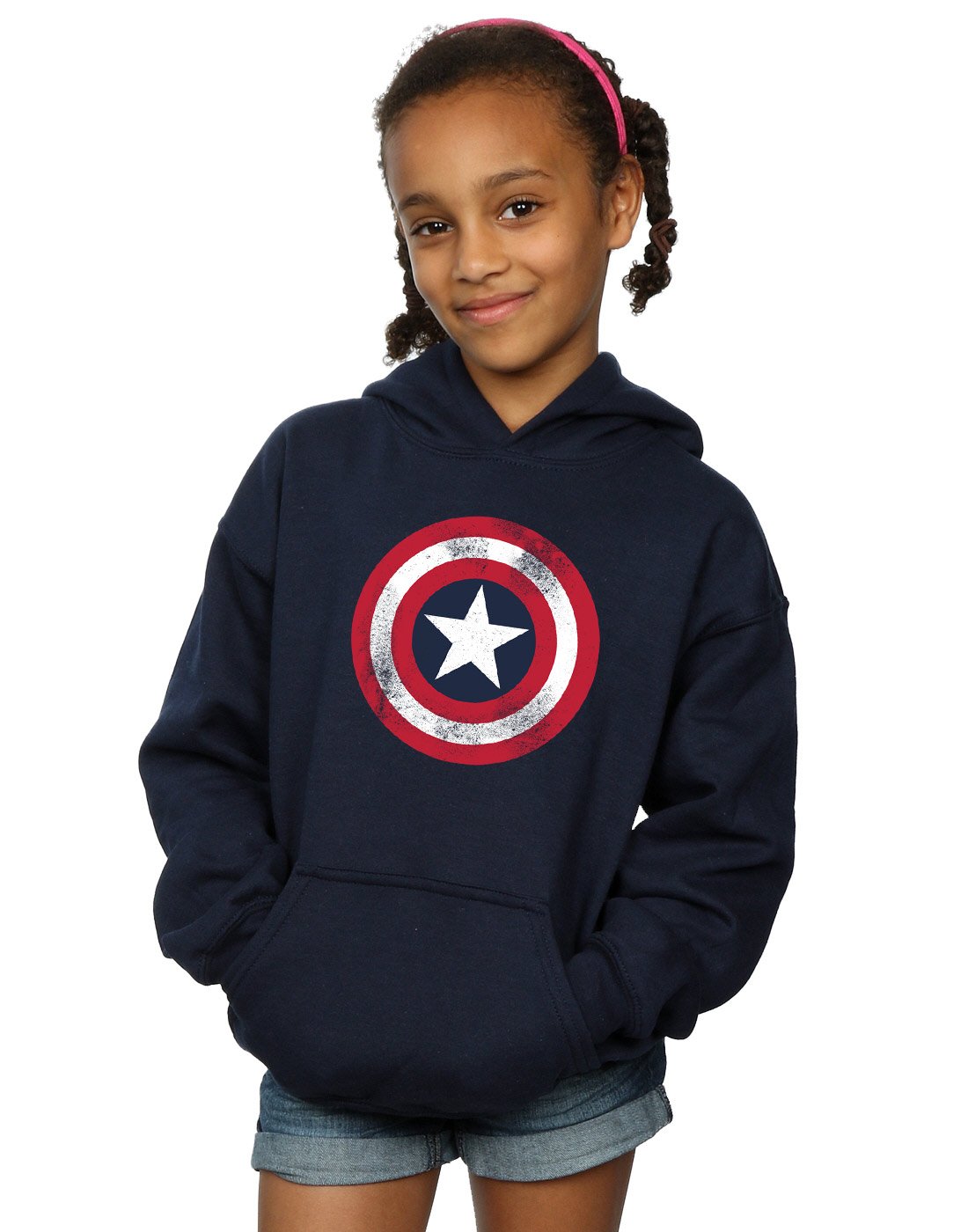 Marvel Girls Captain America Distressed Shield Hoodie Navy Blue 12-13 years