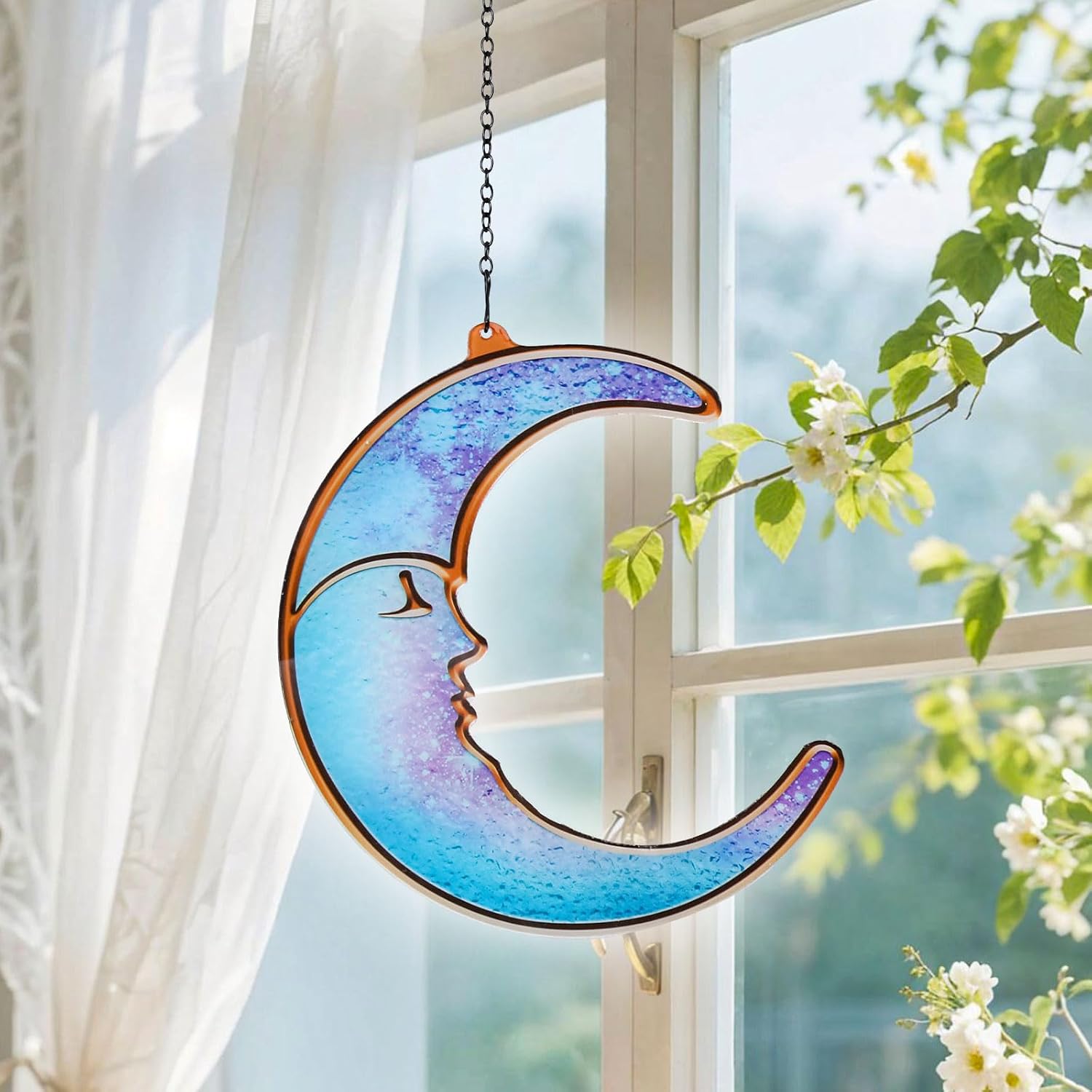MUMTOP Purple Moon Stained Glass Suncatcher - Stained Glass Window Hanging, Ramadan Hanging Ornaments Wall Art for Home Garden Decor Gift